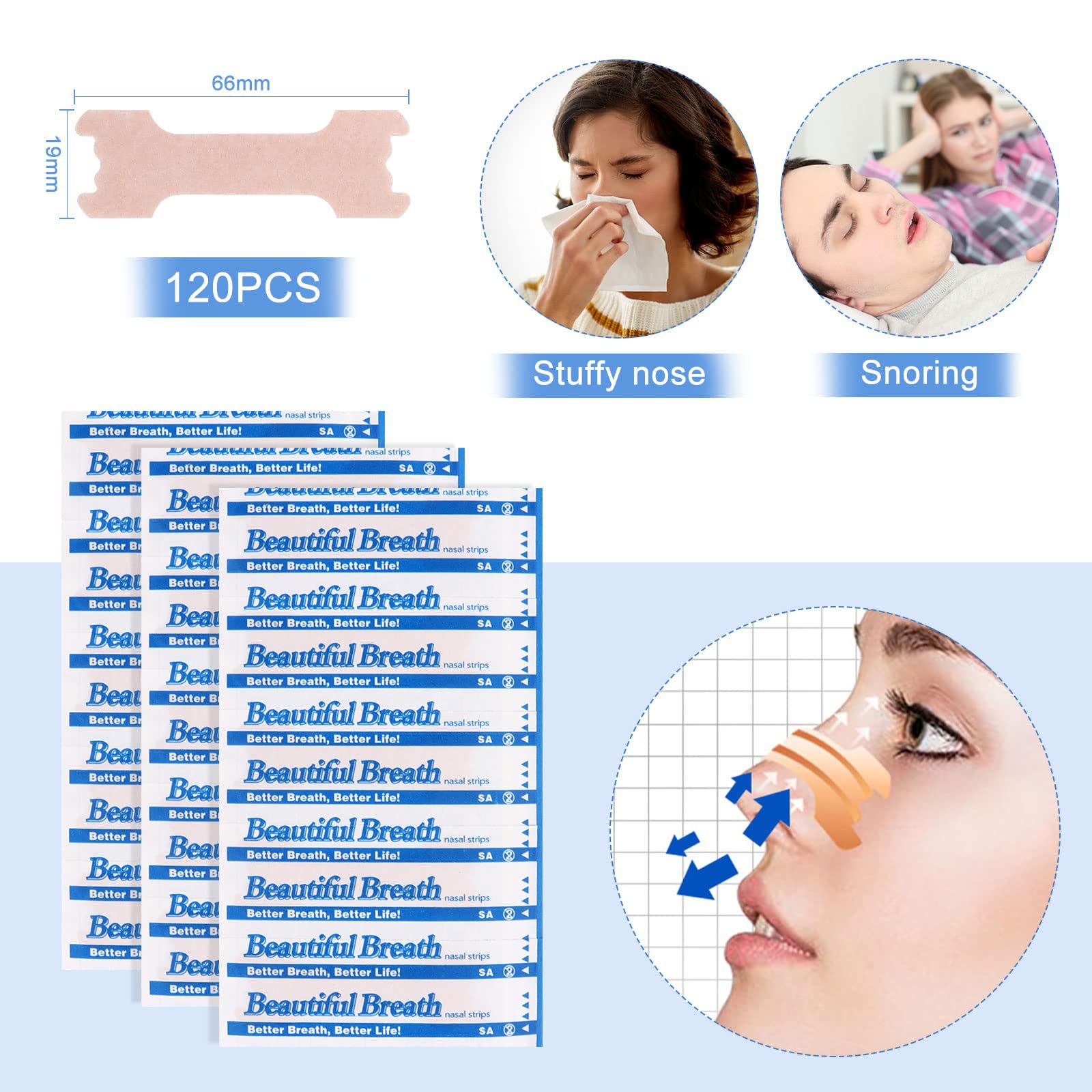 MXTIMWAN 120 Pièces Bandelettes Nasales, Bandelettes Nasales Anti Ronflement, Patch Anti Ronflement pour une Meilleure Respiration, Écarteur Nasal, Sport (66 x 19 mm)