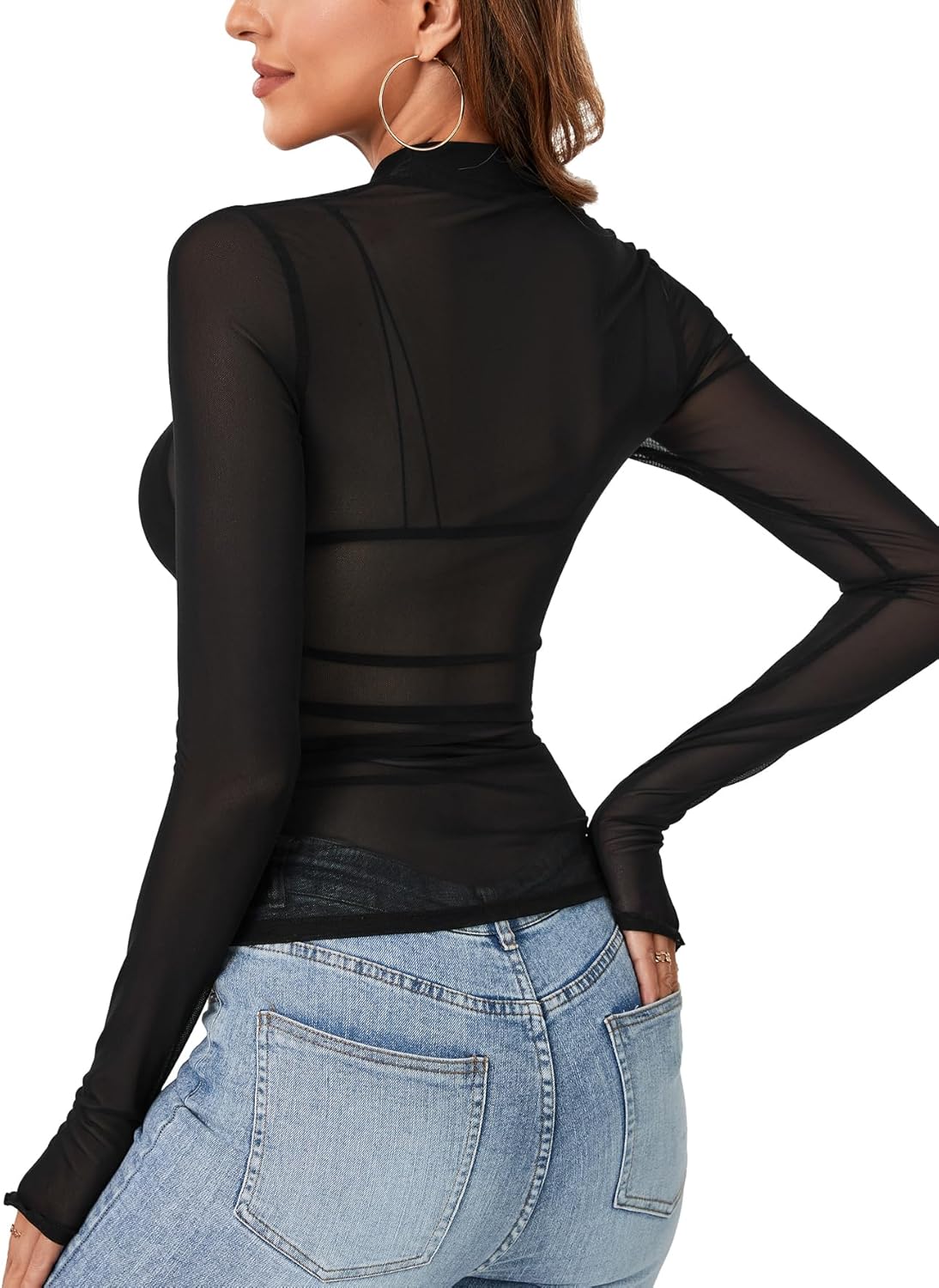 KIFOVEN Women’s Sheer Mesh Top Long Sleeve Mock Neck See Through Sexy Bodycon T Shirt Blouse Clubwear - Image 5