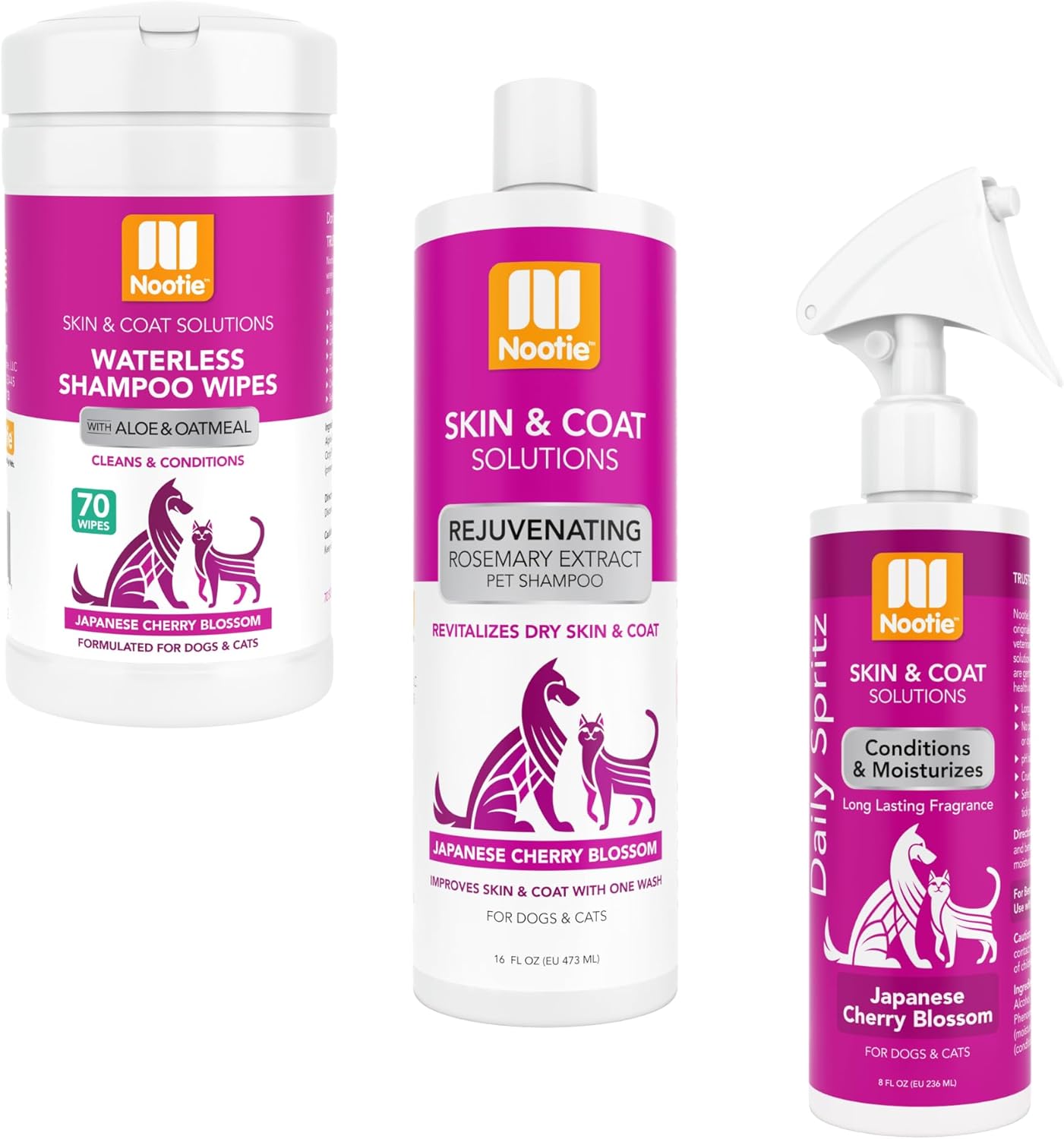 Nootie Cherry Blossom Shampoo, 70 Count Wipe, 8oz Spray Bundle