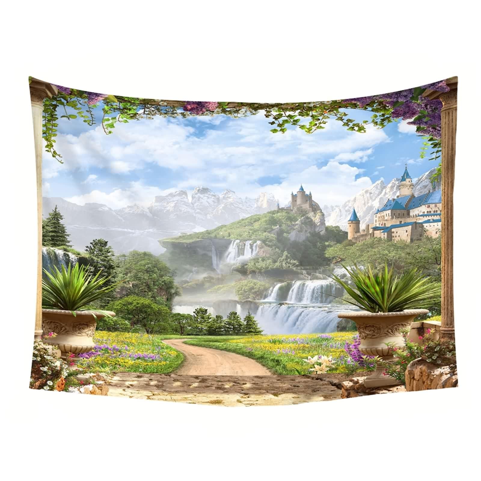 Arazzo da Parete Paesaggio, Arazzo da Parete Vintage Verde Bianco Giardino Poliestere 350x256cm