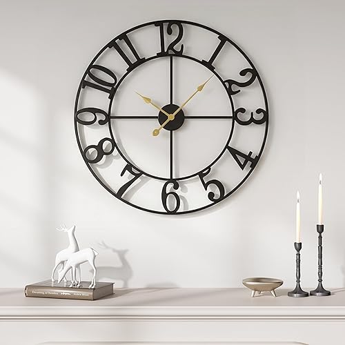 Miniatura 21 de Reloj de pared de 24 pulgadas, relojes de pared grandes para sala de estar, reloj redondo de metal decorativo, funciona con pilas, silencioso, sin