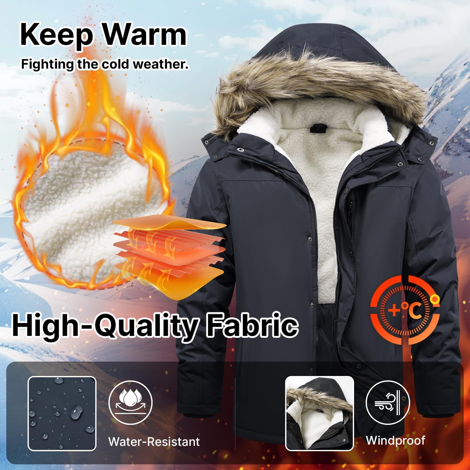 Men's Winter Parka Jacket, Windproof Water-Resistant Ski Jacket Sherpa Lined Coat with Hood - Image 4