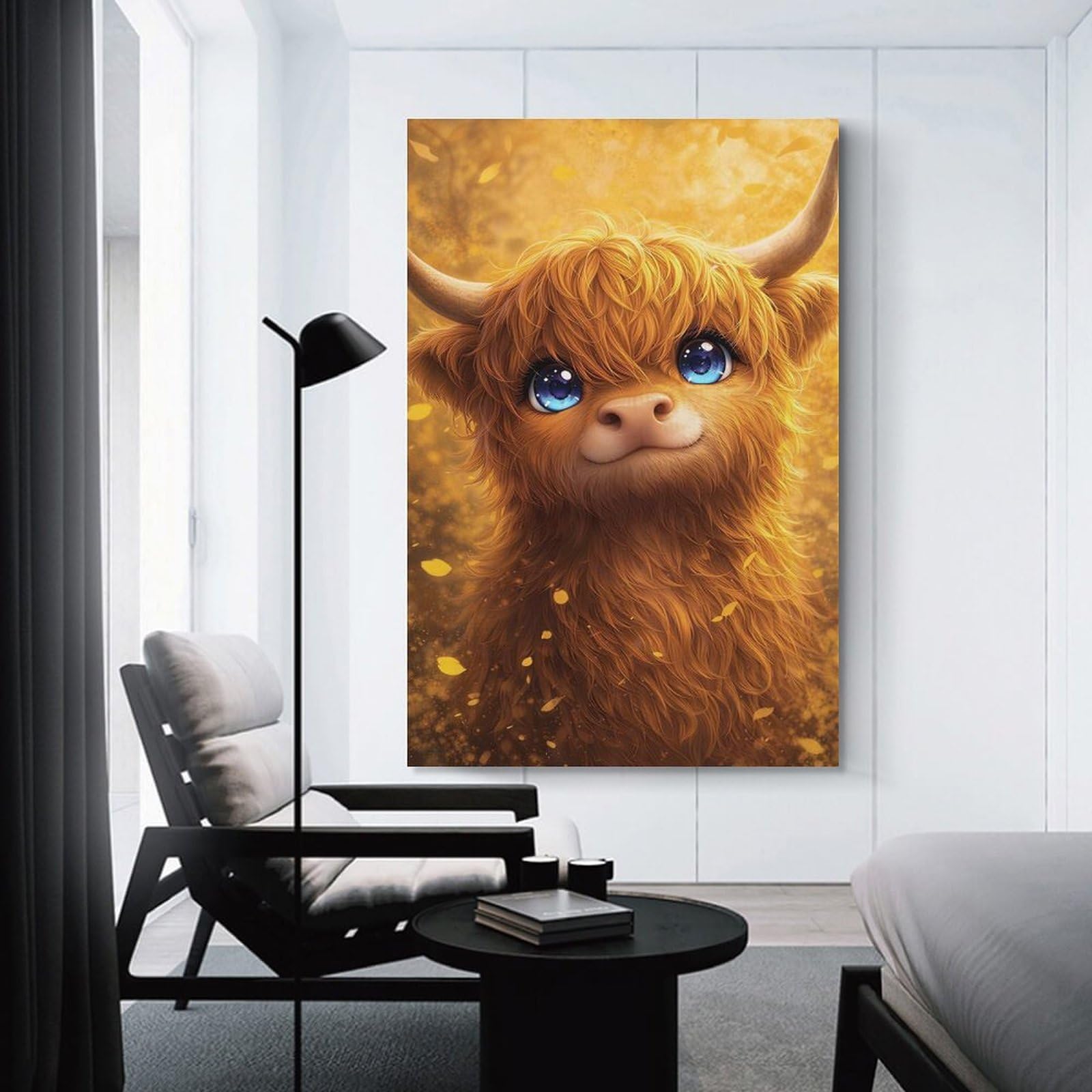 Junmoney Cute Highland Cow in Autumn Canvas Art Print, 08x12inch(20x30cm), for Living Room, Bedroom, Office Or Hallway, Decorative Artwork with Broad Appeal