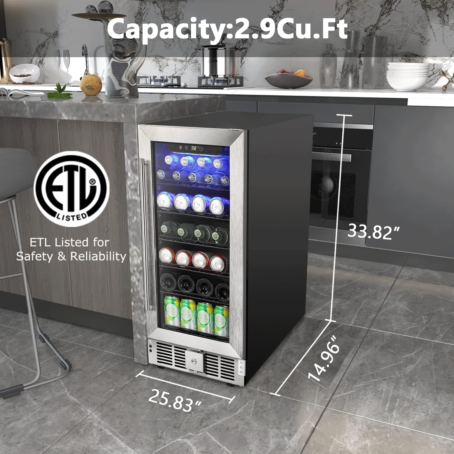 Cowsar Wine Fridge 15inch Beverage Refrigerator 2.9 Cu.Ft. Freestanding Or Under Counter Cooler Stainless Steel Beer Fridge Mini Etl Approved on Fridge.com - View 2