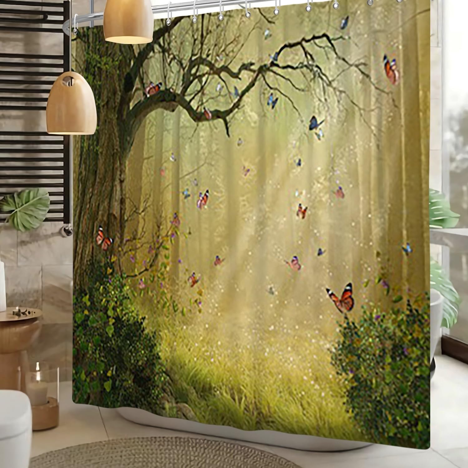 Xiaoterna Fairy Tale Forest Shower Curtain Fantastic Jungle Bathroom Curtain Jungle Safari Butterfly Shower Curtain Sunrise Scenery Shower Curtain Machine Washable Waterproof Fabric 90x180cm - Image 2