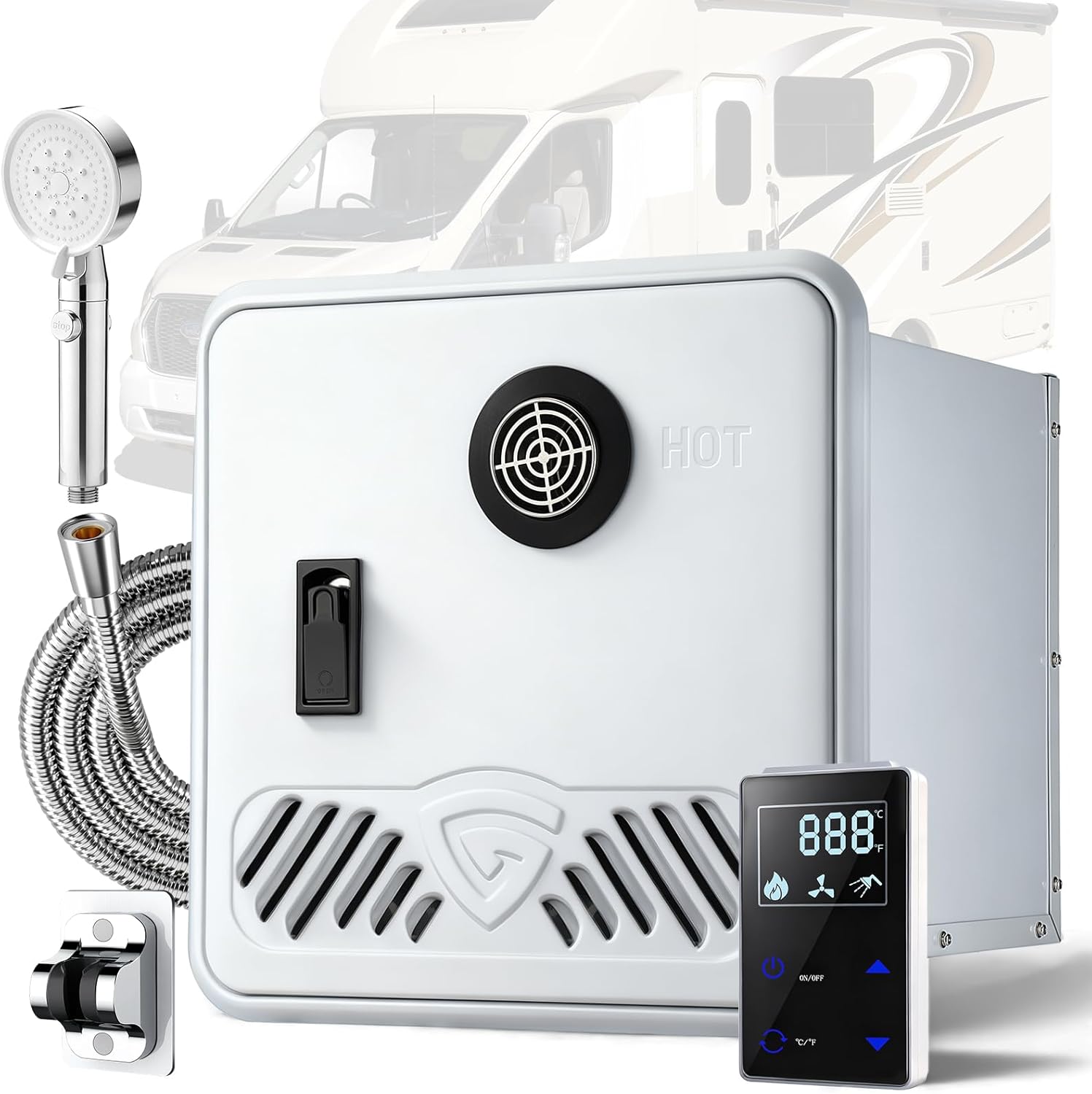 RV Tankless Water Heater, 75,000 BTU High Output Gas Water Heater, 3.9 GPM On-Demand Propane Water Heater with 15" x 15" Door & Remote Control, Endless Hot Water for Motorhome, Trailer, Camper