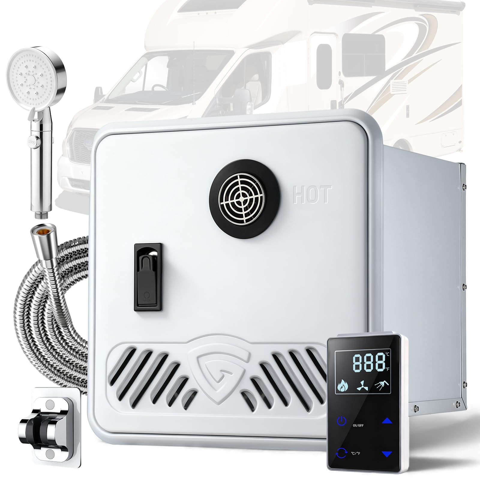 RV Tankless Water Heater, 75,000 BTU High Output Gas Water Heater, 3.9 GPM On-Demand Propane Water Heater with 15" x 15" Door &amp; Remote Control, Endless Hot Water for Motorhome, Trailer, Camper