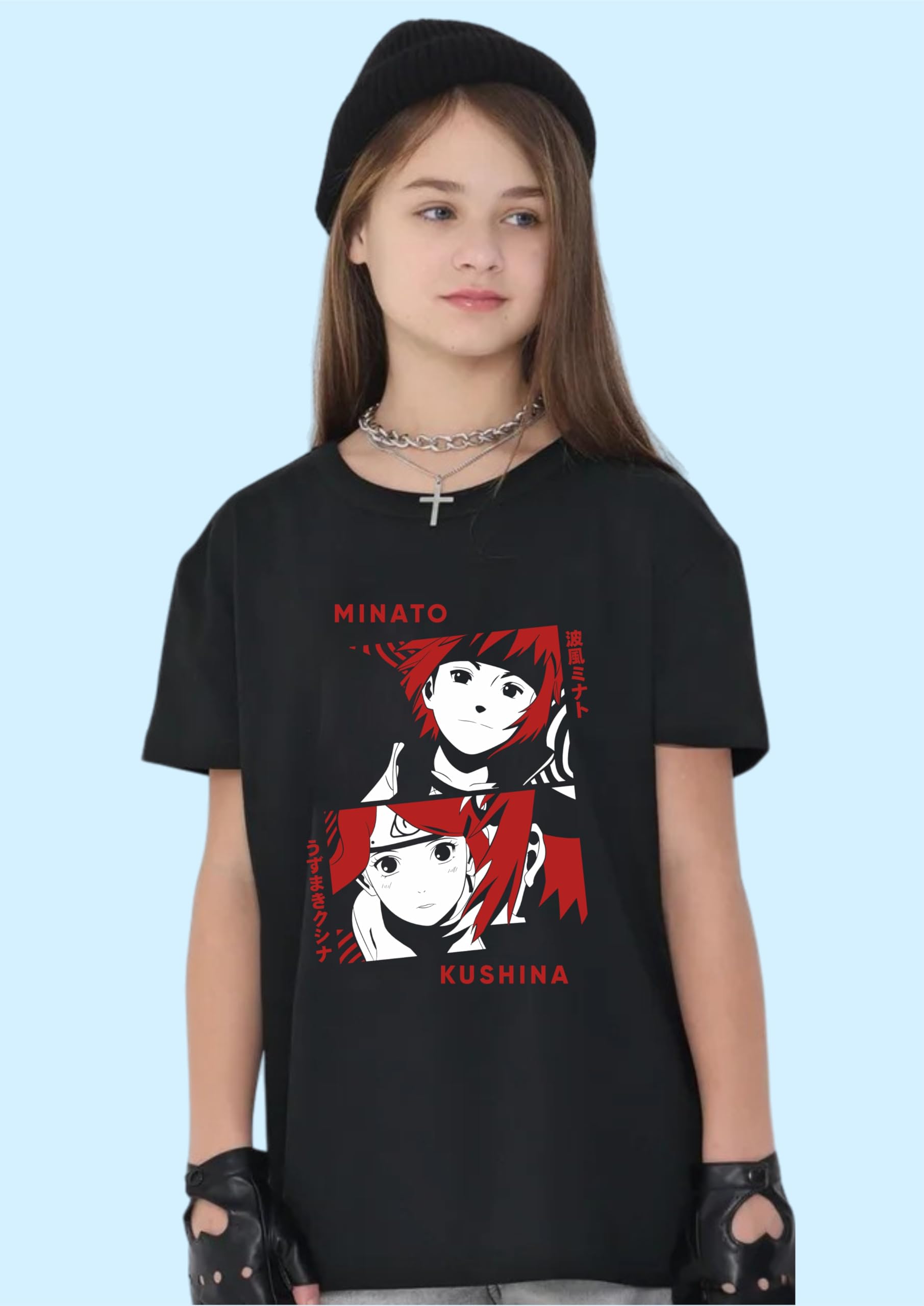 Uniplanet Store Camiseta negra de mezcla de algodón, media manga, ajuste regular, espalda anime, estampado Minato, color negro, negro, 7-8 a�os