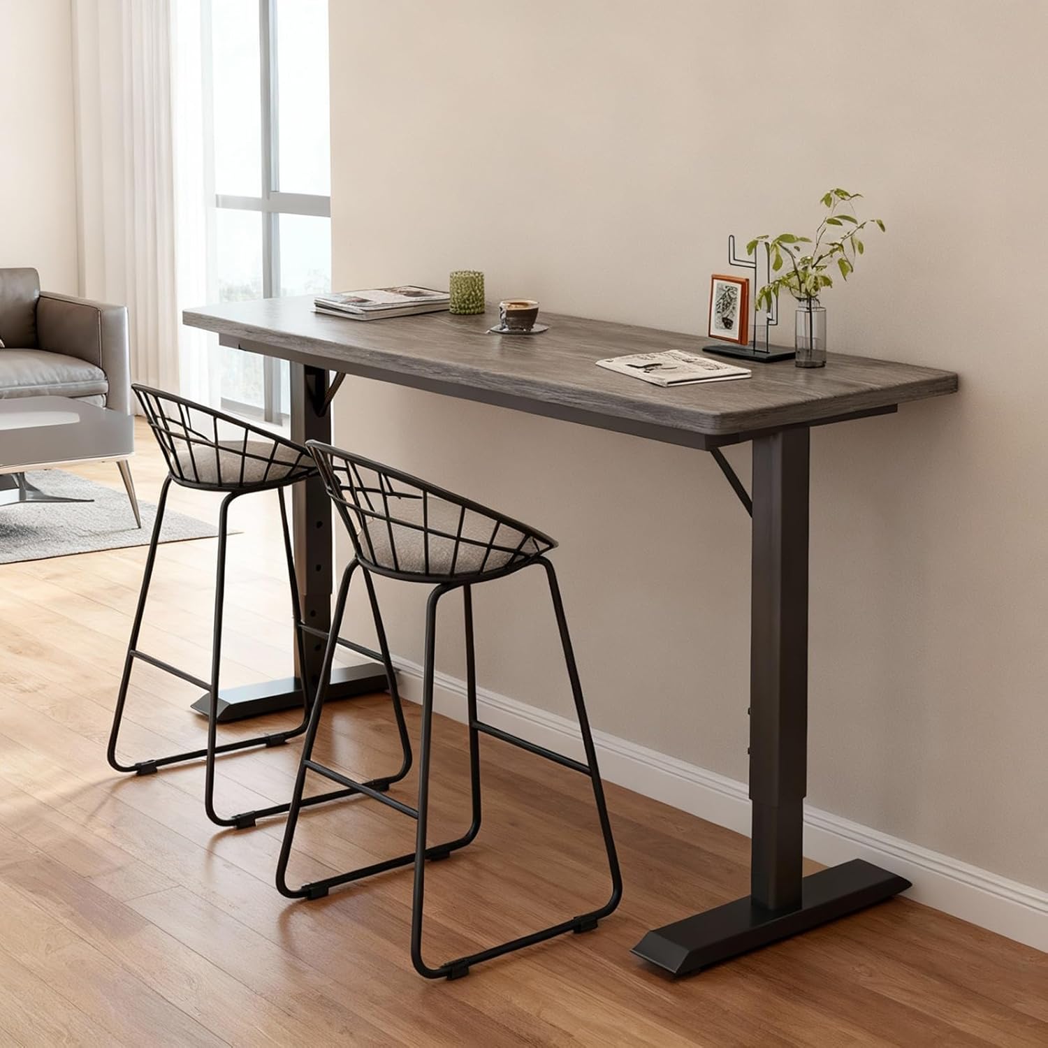 Kitchen Breakfast Bar Bar Table Metal Frame Pub Coffee Desk Can Bear 200kg Liftable Breakfast Bar Table for Home Kitchen Breakfast Dining,Pub(Grey Oak,100cm(39.3"))