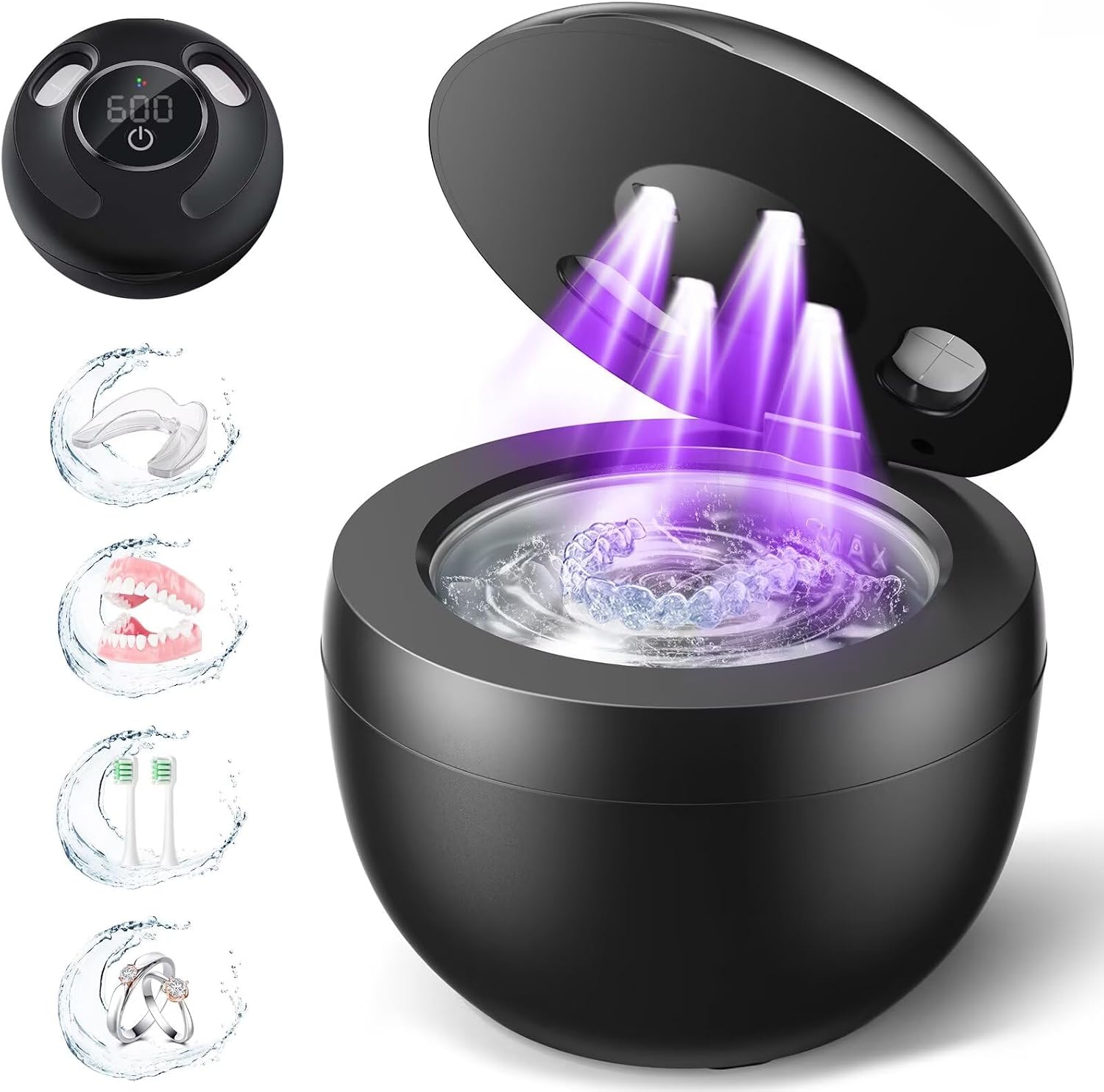 Dental Ultrasonic Retainer Cleaner Machine: 45kHz Dental Cleaning Pod for Denture, Mouth Guard, Night Guard, Aligner, Braces, Toothbrush Head & Jewelry, UV Cleaner with Digital Timer & 4 Modes, Black