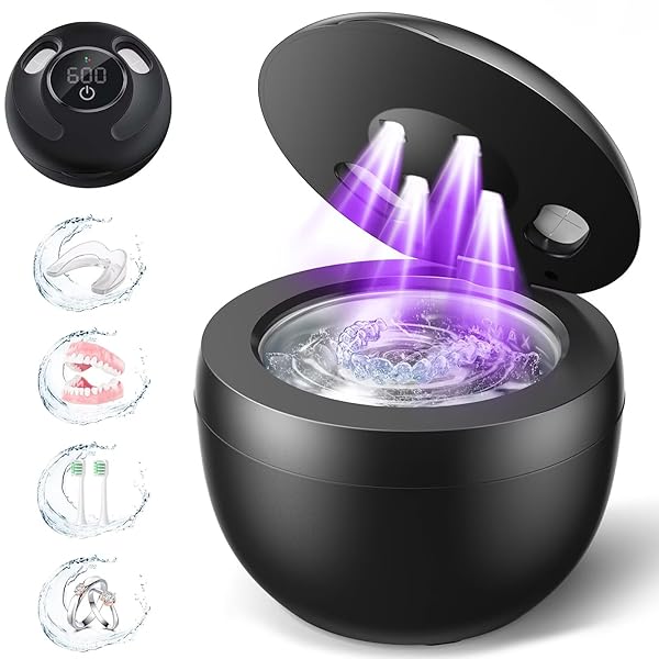 Dental Ultrasonic Retainer Cleaner Machine: 45kHz Dental Cleaning Pod for Denture, Mouth Guard, Night Guard, Aligner, Braces, Toothbrush Head & Jewelry, UV Cleaner with Digital Timer & 4 Modes, Black