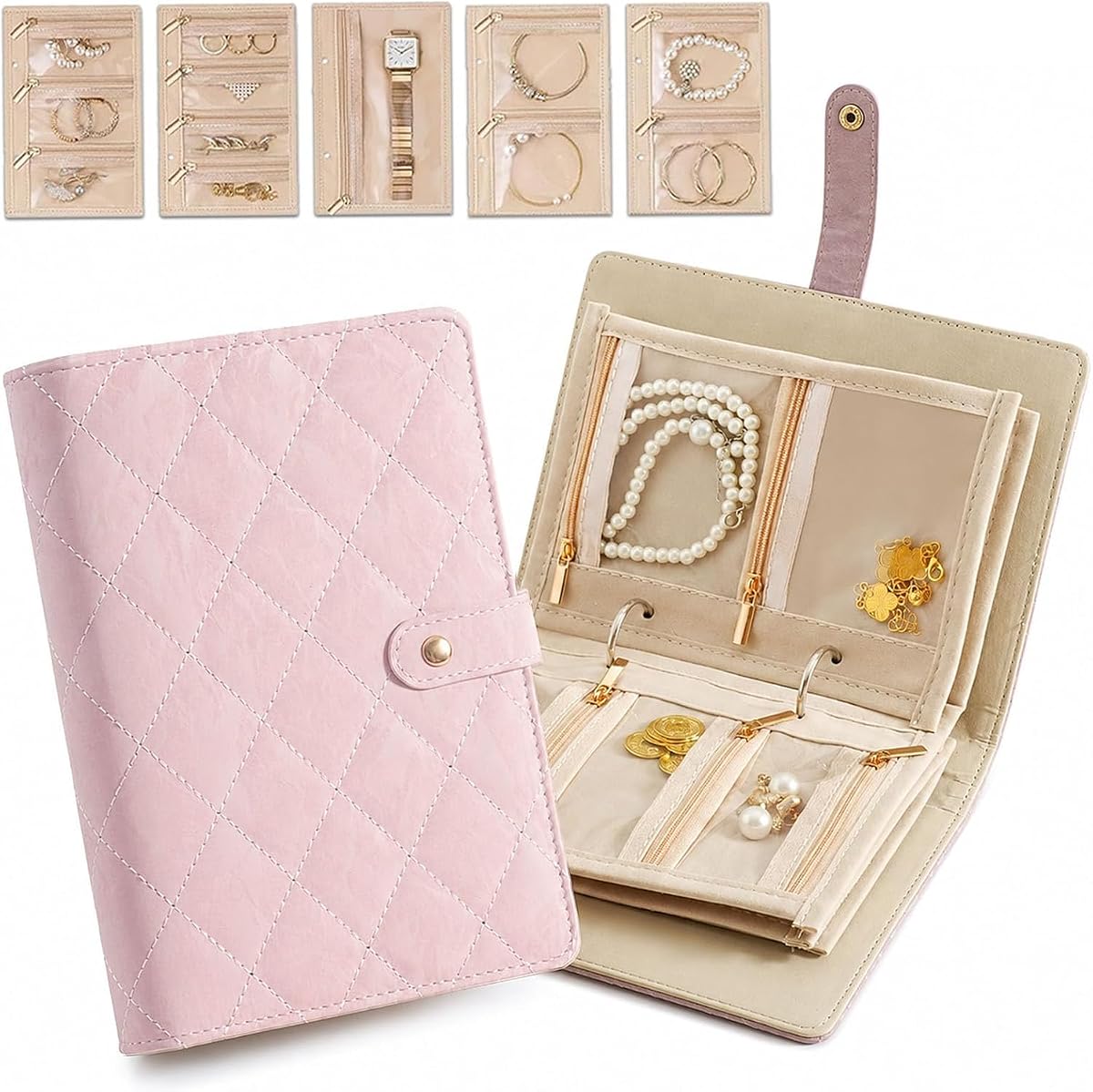Travel Jewelry Organizer Case | Jewelry Storage Book Ring Binder with Clear Zipper Velvet Pouch Bag for Travel Ideal Gift