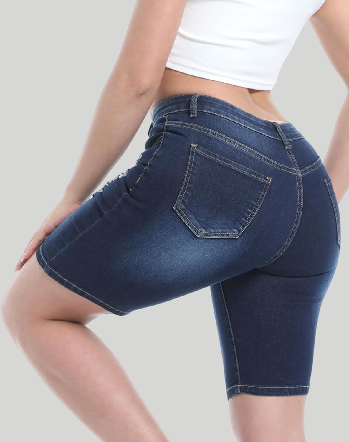 Myzellia Women's Ripped Stretchy Bermuda Shorts High Waisted Long Denim Jean Shorts
