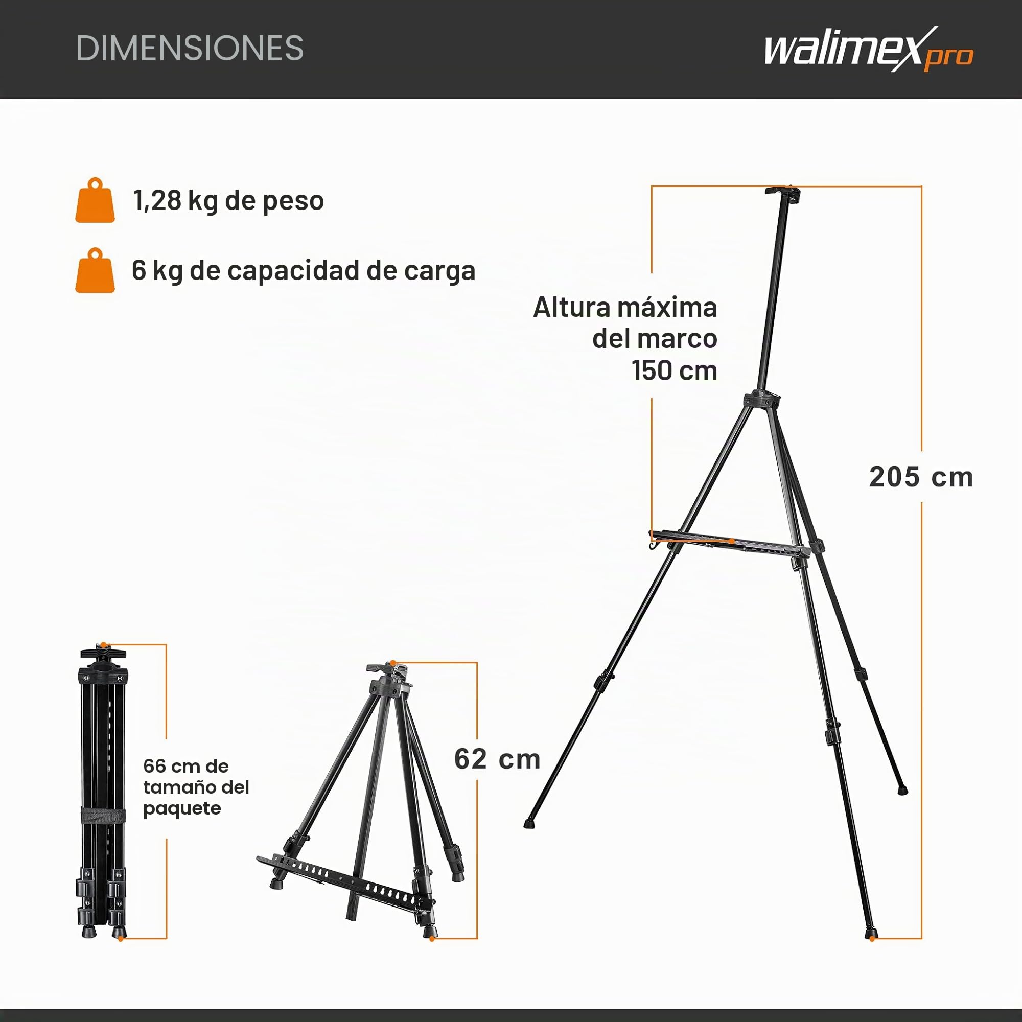 Walimex pro Caballete de pintura XXL 62-205 cm con bolsa de transporte, fabricado en aluminio, ideal para lienzos de una altura máx. de 150 cm, soporte para pintar regulable en altura