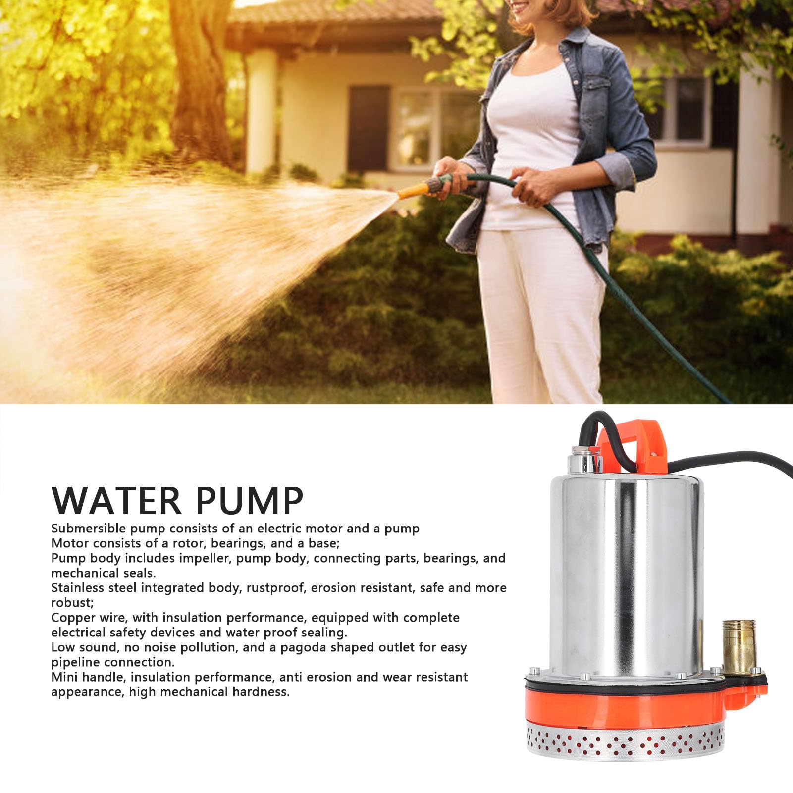 Bomba sumergible solar de 12 V, 180 W con salida de 1 pulgada y elevación de 8 m, construcción de acero inoxidable, cableado de cobre, diseño coaxial para riego