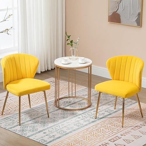 Miniatura 4 de Juego de 2 sillas de comedor de terciopelo, modernas sillas tapizadas con patas de metal dorado para comedor, cocina, tocador y patio (amarillo)