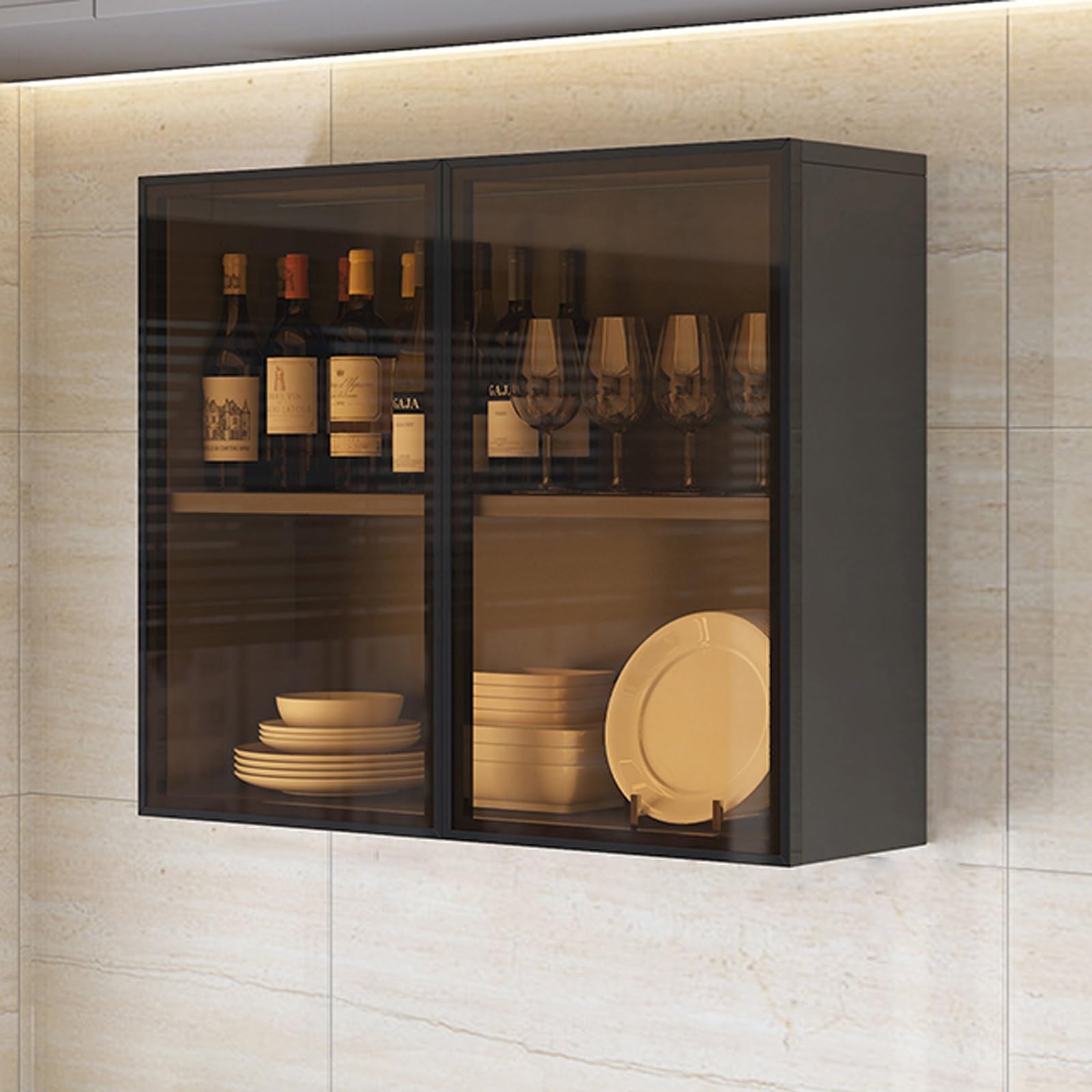 Wall Mount Narrow Glass Display Cabinet with Hidden Handle for Bathroom Kitchen Living Room Decor Storage Brown/Gray