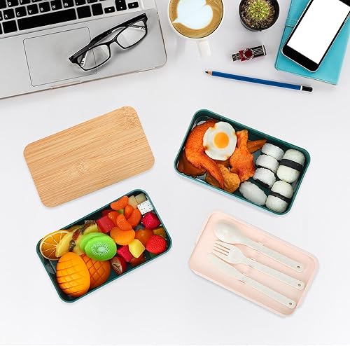 Miniatura 6 de Paquete de 6 cajas Bento apilables de 2 capas con utensilios, cuchara y tenedor, a prueba de fugas, con compartimentos, aptos para microondas,