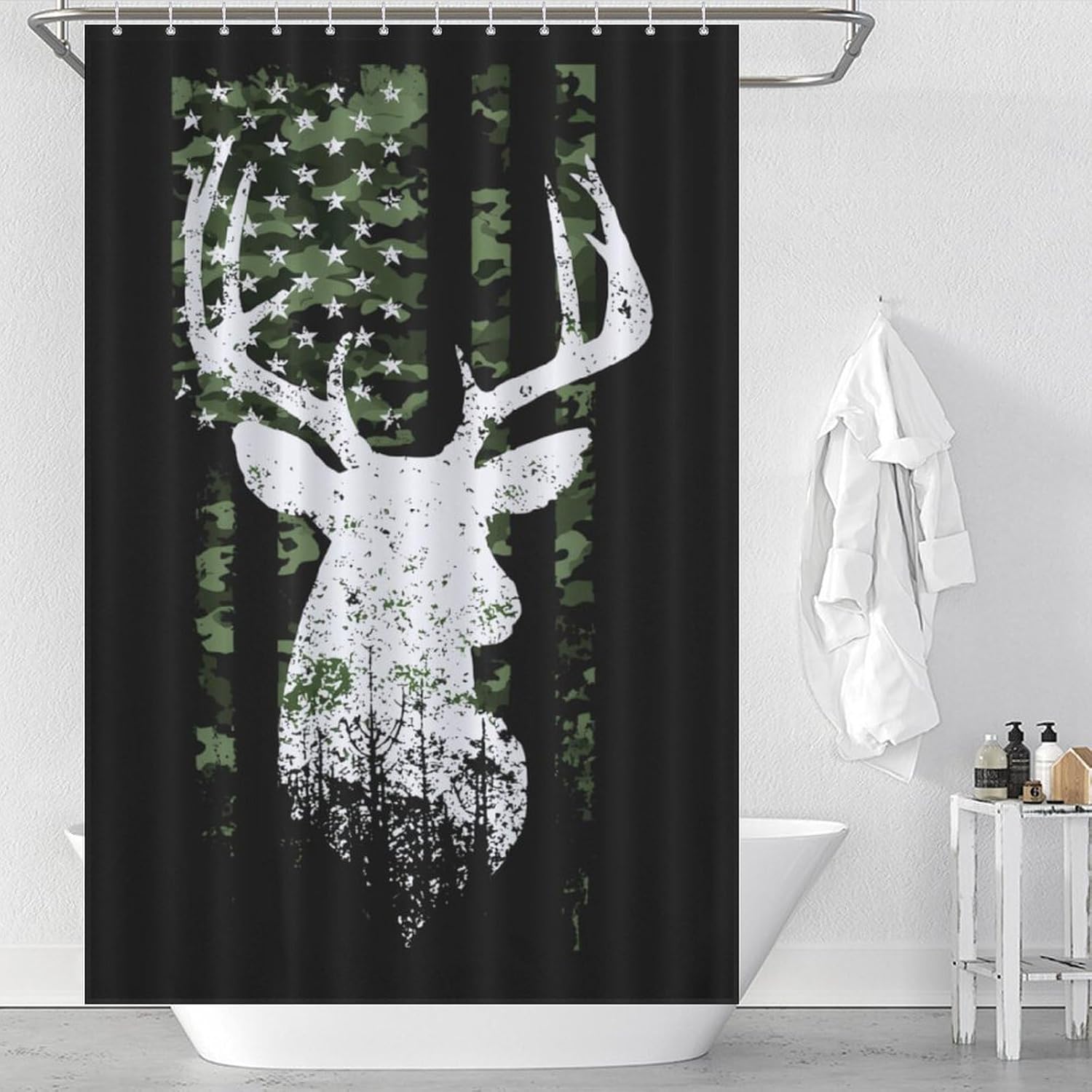 US Flag Deer Hunting Camouflage Shower Curtain 46.85x70.87Inch（119x180cm） Polyester Bath Curtain Shower Curtains Printed Decorative