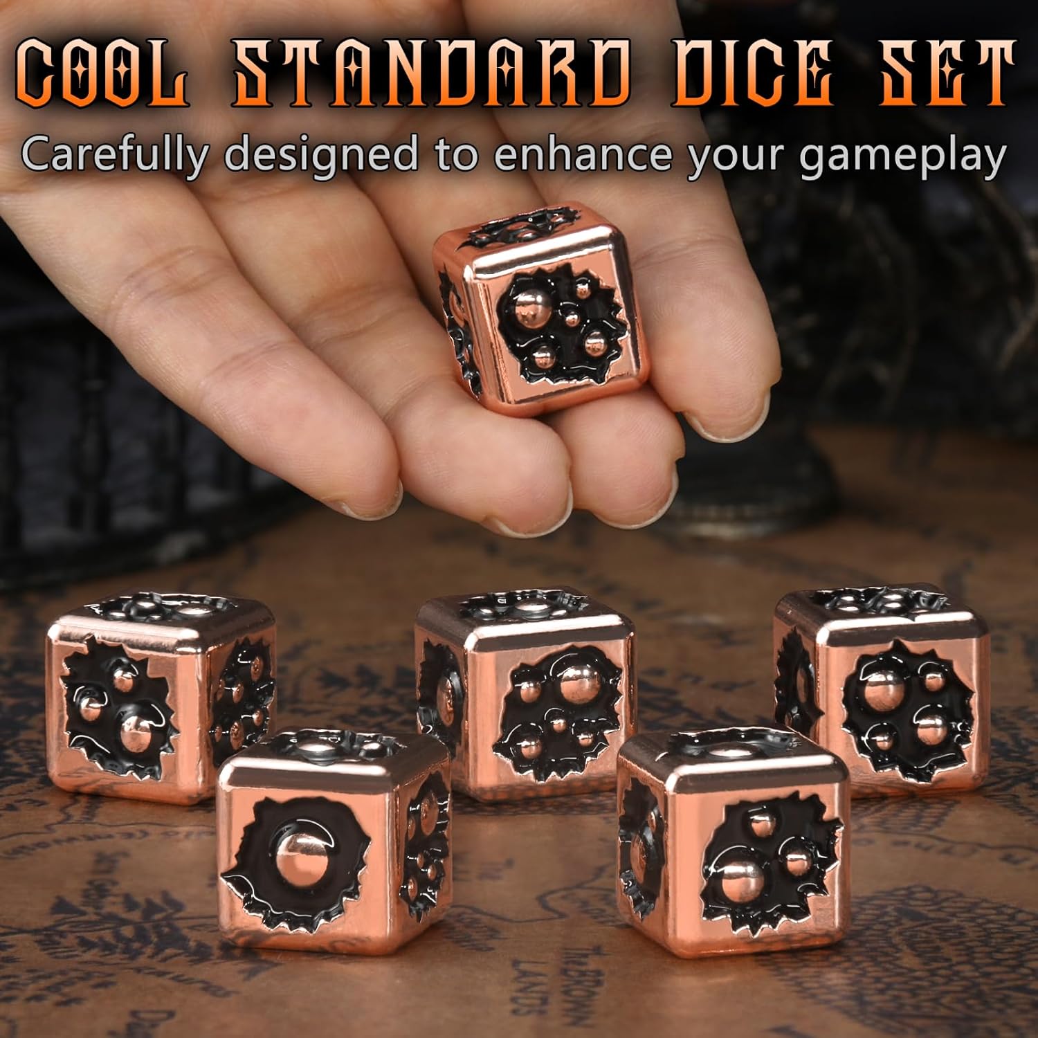 Metal D6 Dice, 6 Sided Dice Set of 6, ZHOORQI DND Metal Dice Set for D and D Gifts, Heavy Balanced with Poison Bubble Theme（Copper Black）