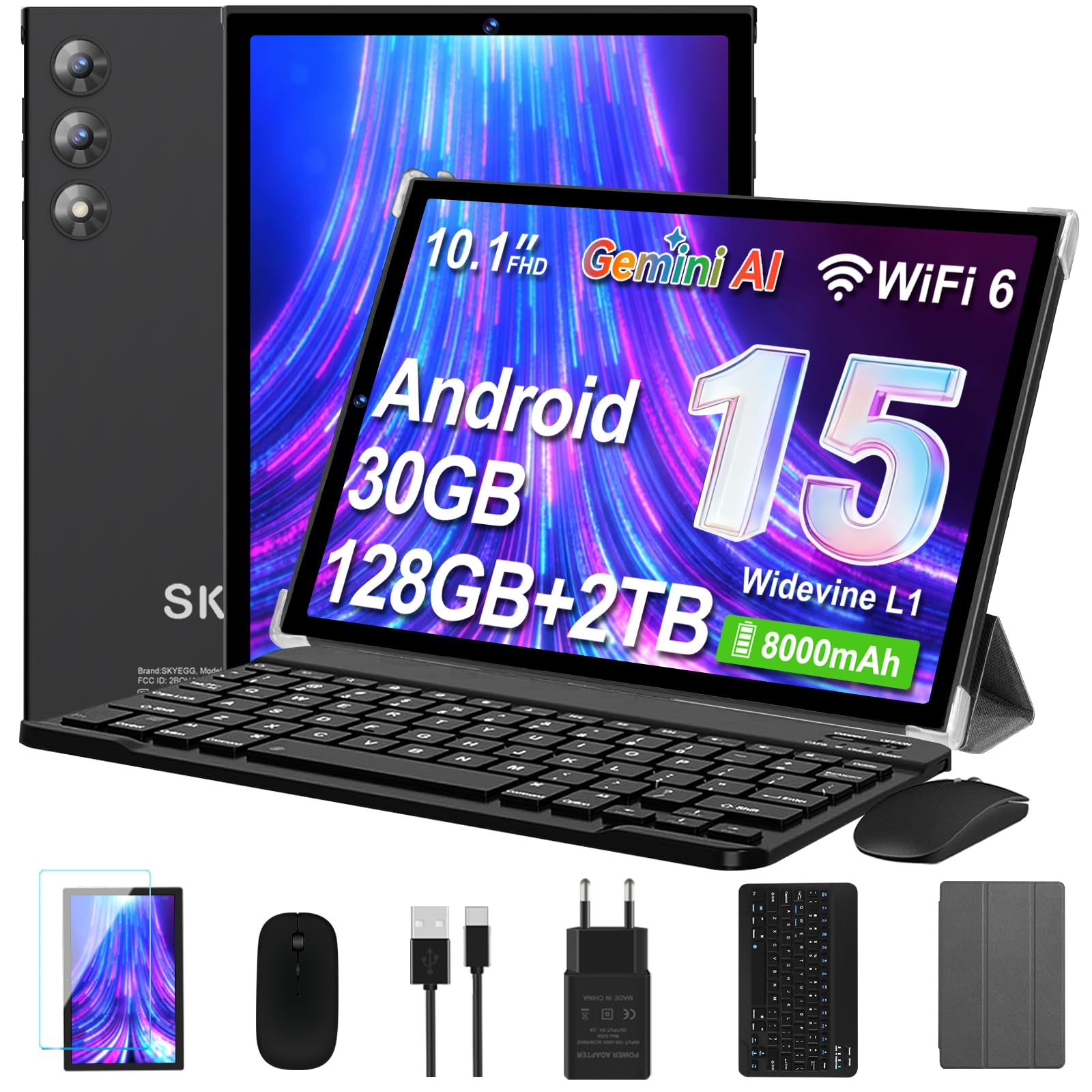 Tablet 10 Pollici Android 15 con Gemini AI, 30GB RAM 128GB ROM+2TB Esp., Octa-Core, WiFi 6 BT 5.0, Widevine L1, Batteria 8000mAh, Fotocamera 8/5 MP, Tastiera Mouse Custodia, Corpo in Metallo - Nero