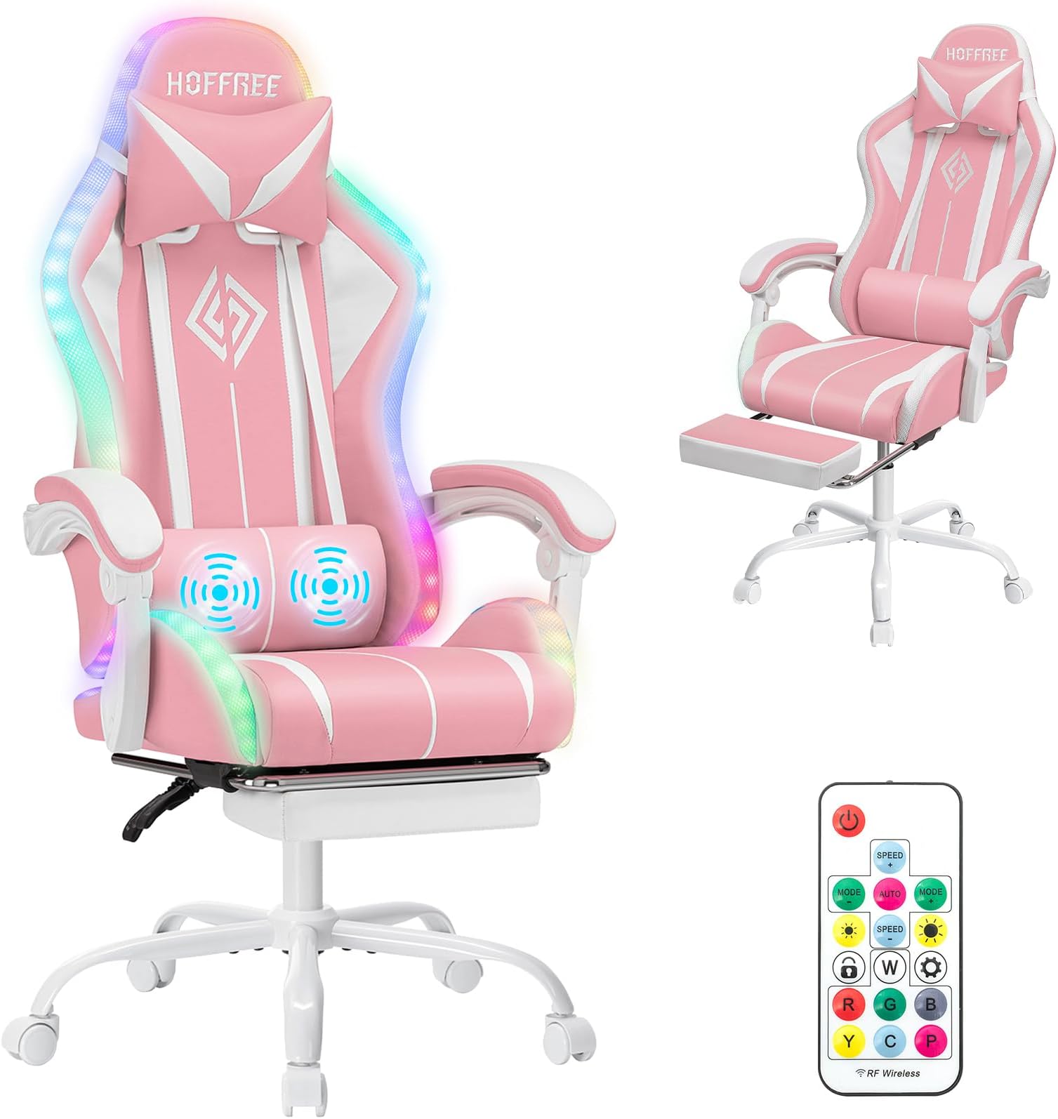 HOFFREE Gaming Chair with LED RGB Lights with Massage and Footrest Ergonomic Computer Chair High Back Video Game Chair with Adjustable Lumbar Support Linkage Armrest Pink and White