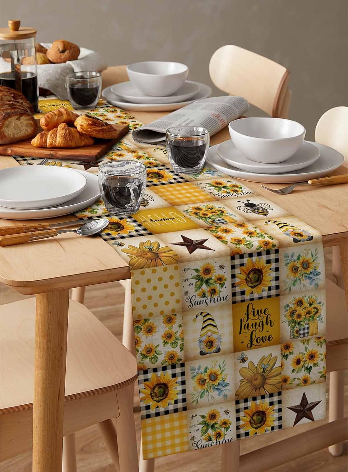 Farmhouse Table Runner 14 x 72 Inches, Kitchen Table Runner Yellow Plaid Bee Gnome Sunflower Dresser Scarf/Cabinet/ Dinning Table Decor