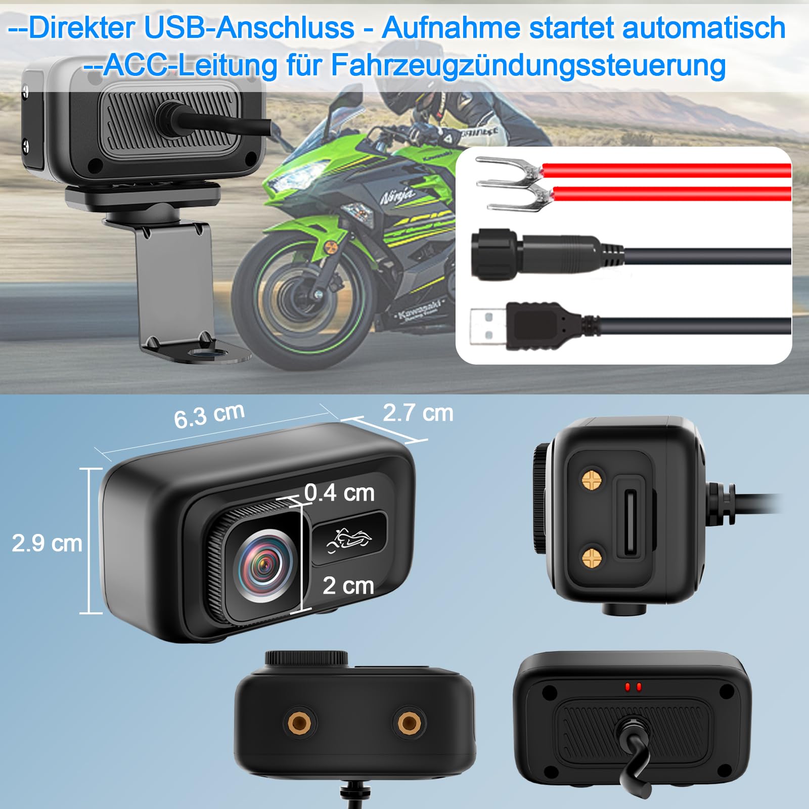 Motorrad Dashcam 2K WLAN 120° Weitwinkel IP65, mit G-Sensor | 64GB inkl., Kondensator (kein Akku), Unfallerkennung, Lenker-/Spiegelhalterung