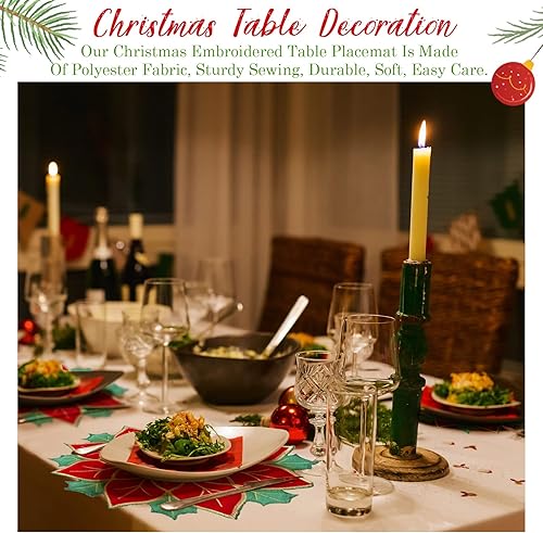 Miniatura 6 de Manteles individuales redondos de Navidad de flor de pascua, color rojo y verde, manteles individuales bordados con flores de Navidad, manteles