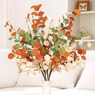 Giegxin 6 Pcs Fall Artificial Eucalyptus Stems 24" Neutral Fall Fake Eucalyptus Leaves Branches Faux Greenery Stems Autumn Decor for Home Wedding Centerpieces Thanksgiving Party Floral Arrangements