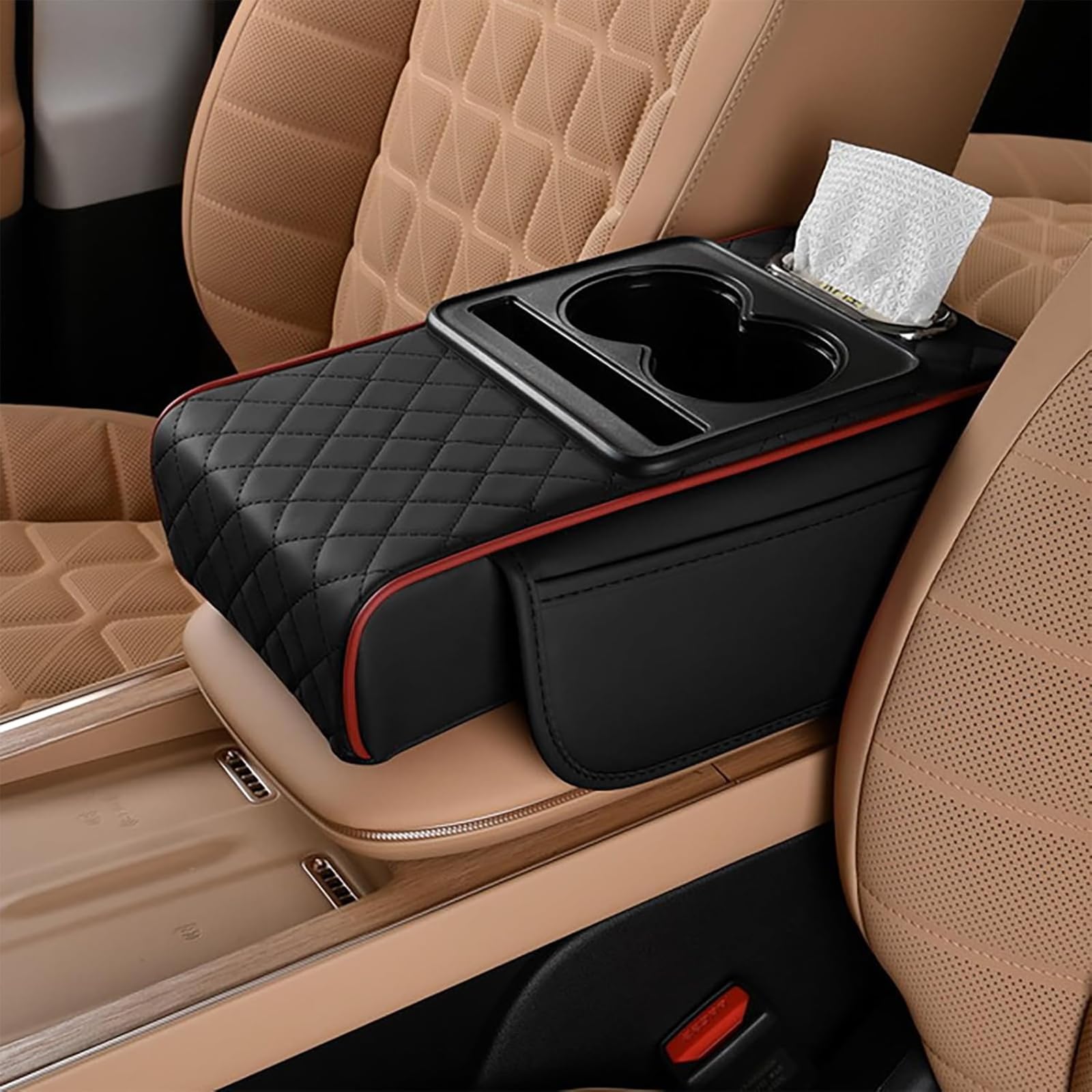 Car Center Console Cover for Toyota Hilux Double Cab 2001-2025, Microfiber Leather Armrest Cushion 5-in-1 Center Console Cover with 2 Storage Bags Cup Holder Tissue Box Interior Accessories