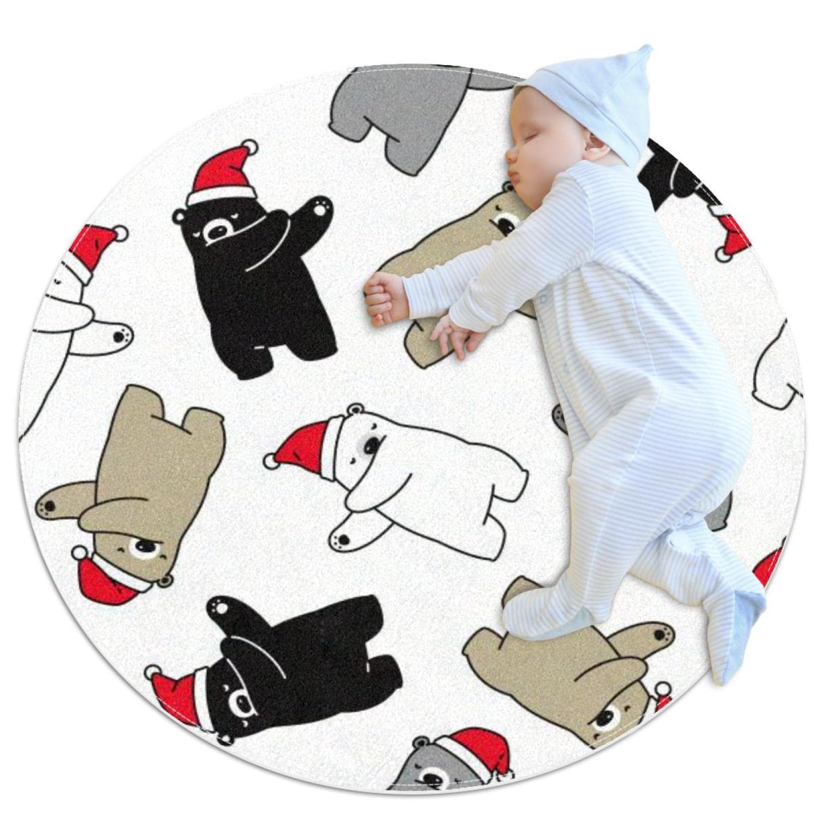 Tapis de jeu enfants motif ours mignon : grand tapis rond 80cm pour chambre fille et garçon