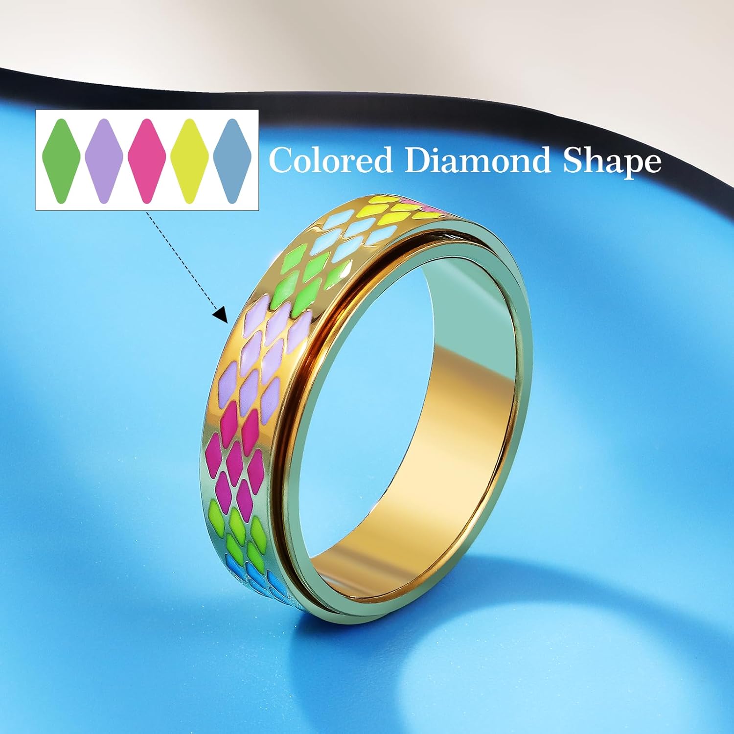 AmorArtSky Checkered Fidget Ring for Adults - 18K Gold Plated Stainless Steel Rotating Spinner Jewelry, Anxiety & Stress Relief Gift for Women/Men (Multicolor Diamond Pattern) - Image 5