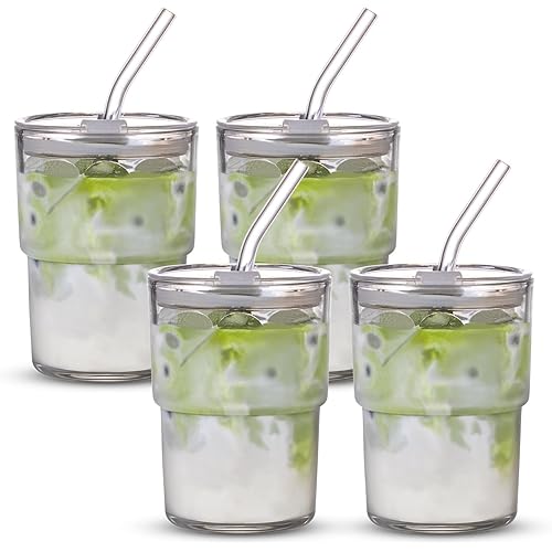 13 oz Tumbler Water Glass, Water Bottle with Straw and Dustproof Lid, Coffee Ice Cup Double Wall Insulated Glass Cup (White-4pack)