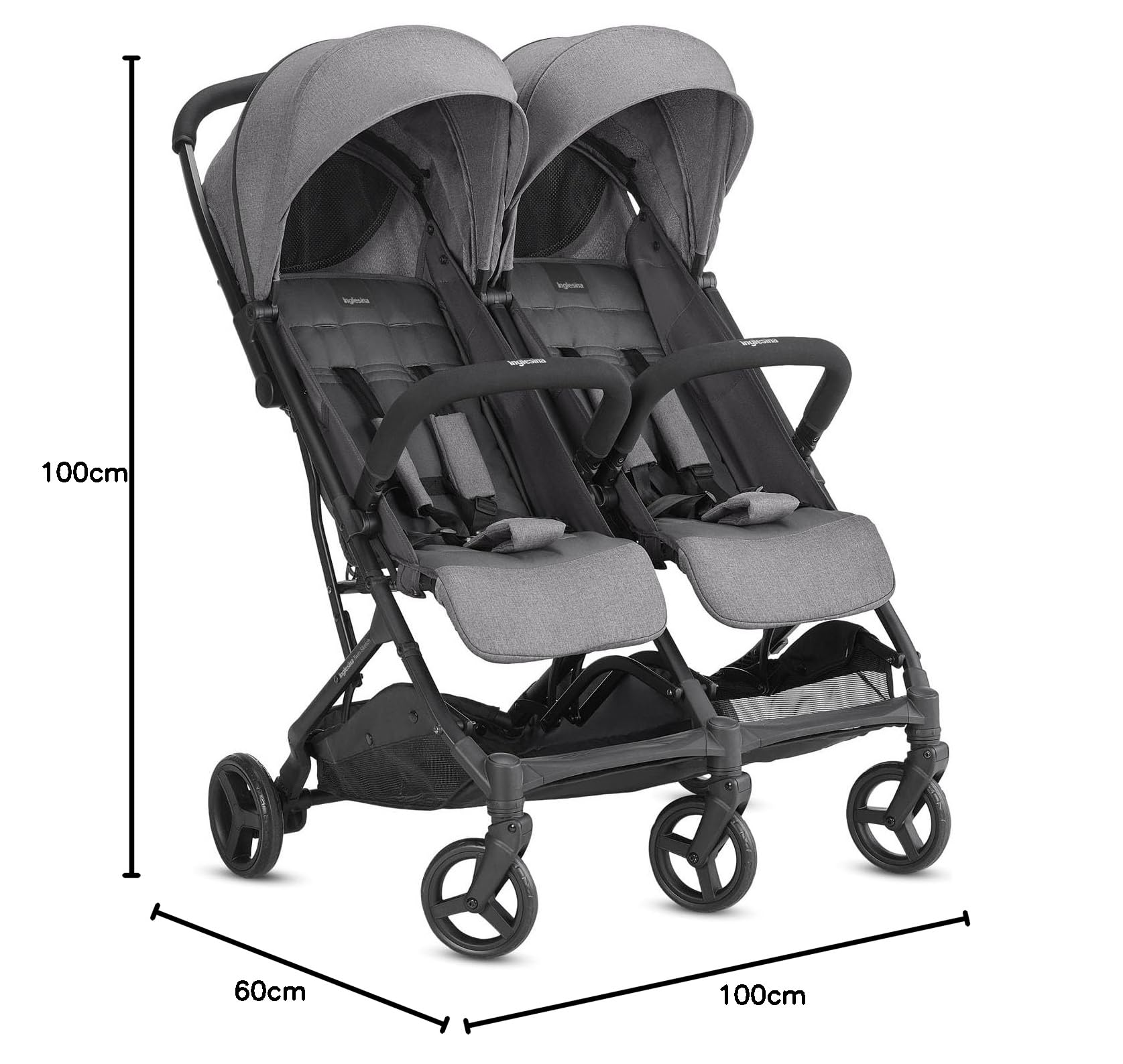 Inglesina Twin Sketch Passeggino Gemellare, Grigio, Ultraleggero, Compatto, per Gemelli o Fratelli e Sorelle, Adatto fino a 15 kg per bambino