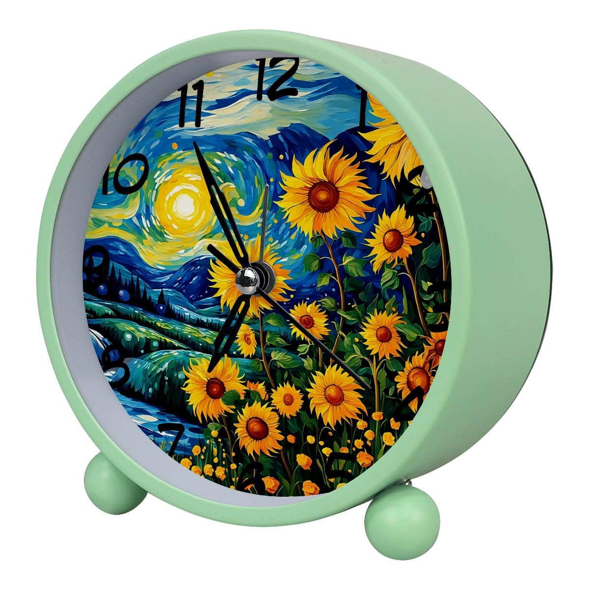Luoweisi Analog Alarm Clock Sunflower, Silent Non-Ticking with Night Light, Battery Operated, Round Desk Alarm Clock for Office, Bedroom, Elderly, Adults, Children, Student Gifts