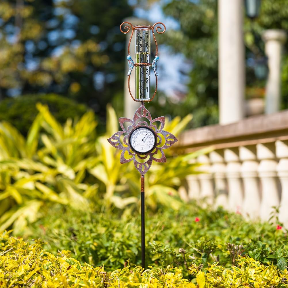 Rain Gauge, Hummingbird Rain Gauge Outdoor,Rain Measure Gauge with Thermometer Metal Stake for Garden Patio Lawn Decor,Large Number Easy to Read