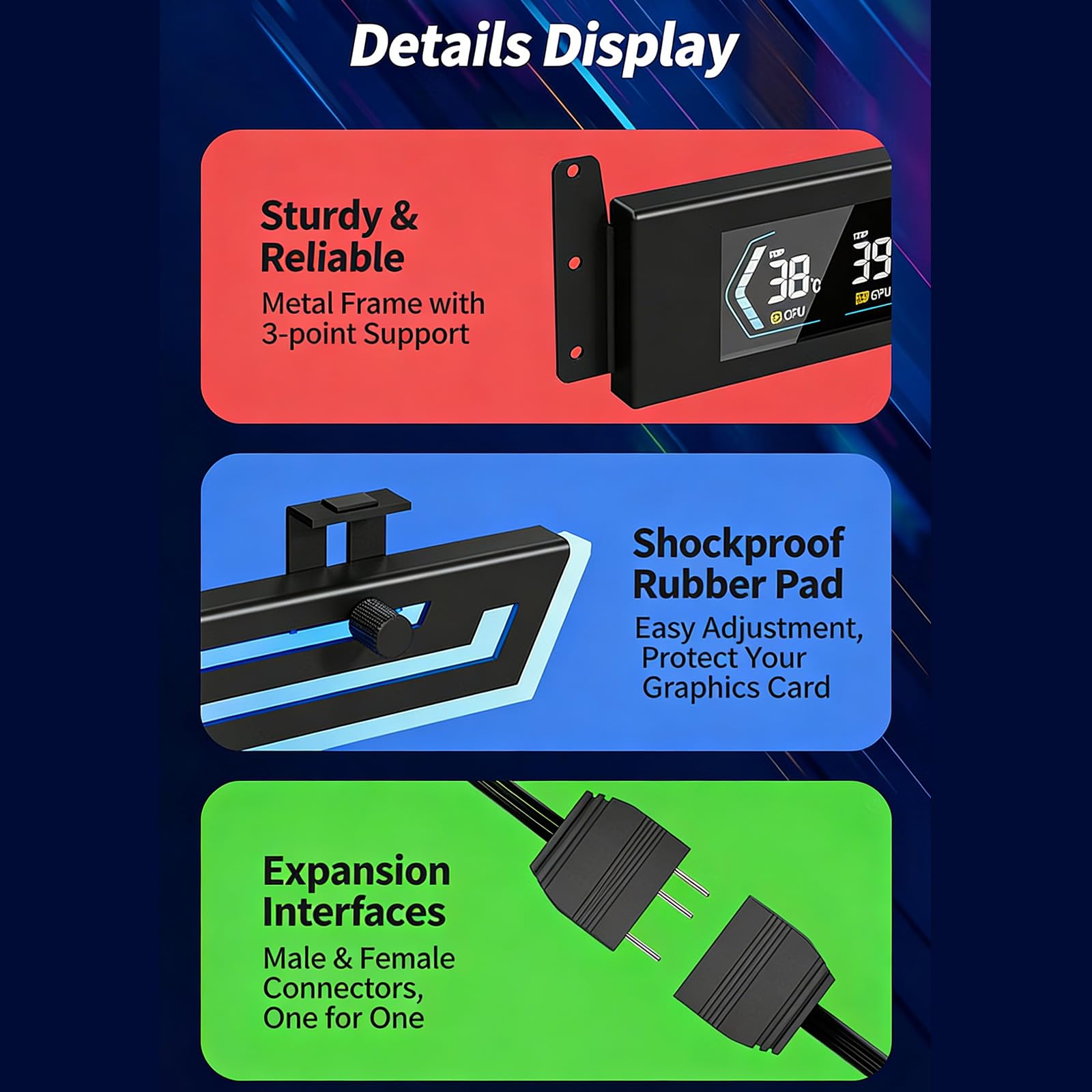 Supporto per Scheda Video GPU RGB con Lettura Digitale della Temperatura e Installazione Senza Attrezzi per staffe Supporto GPU per Case