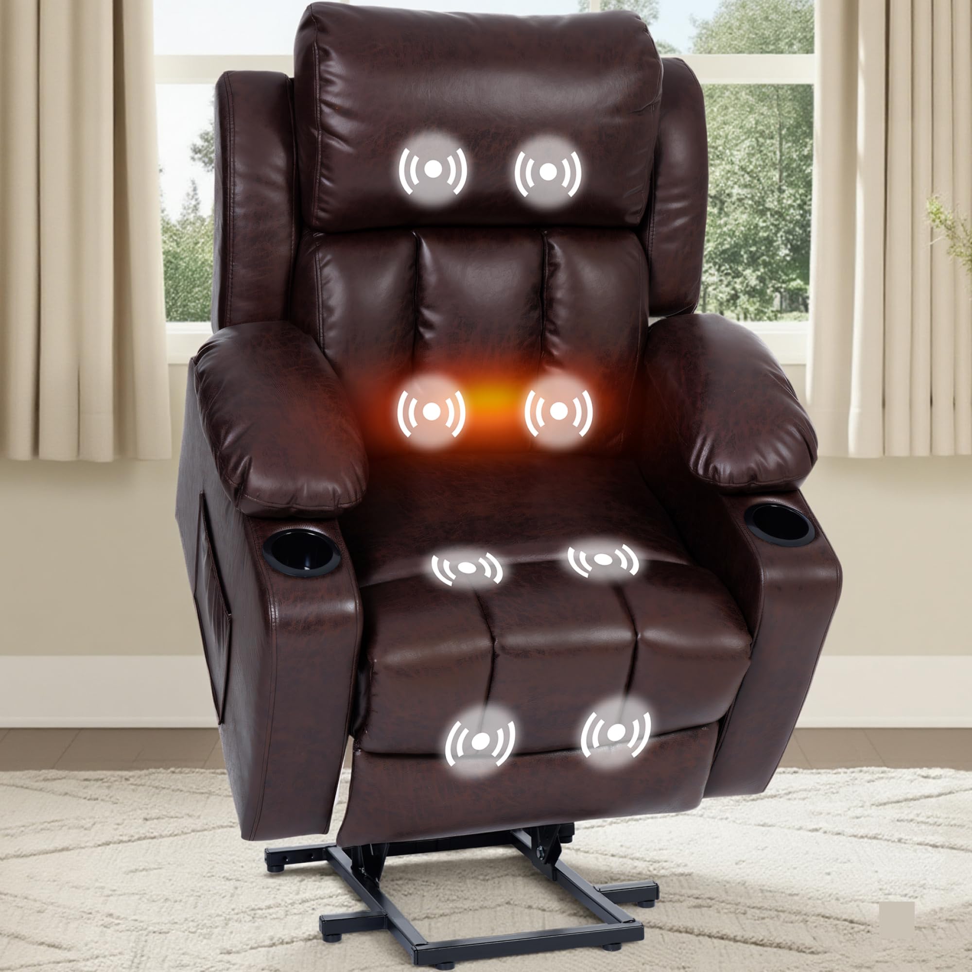 FLEXISPOT XL31-L Power Lift Recliner Chair for Elderly, Electric Lift Chair with Massage & Heat, PU Leather Reclining Sofa with Cup Holders, Side Pockets for Living Room Bedroom(Large Size, Pecan)