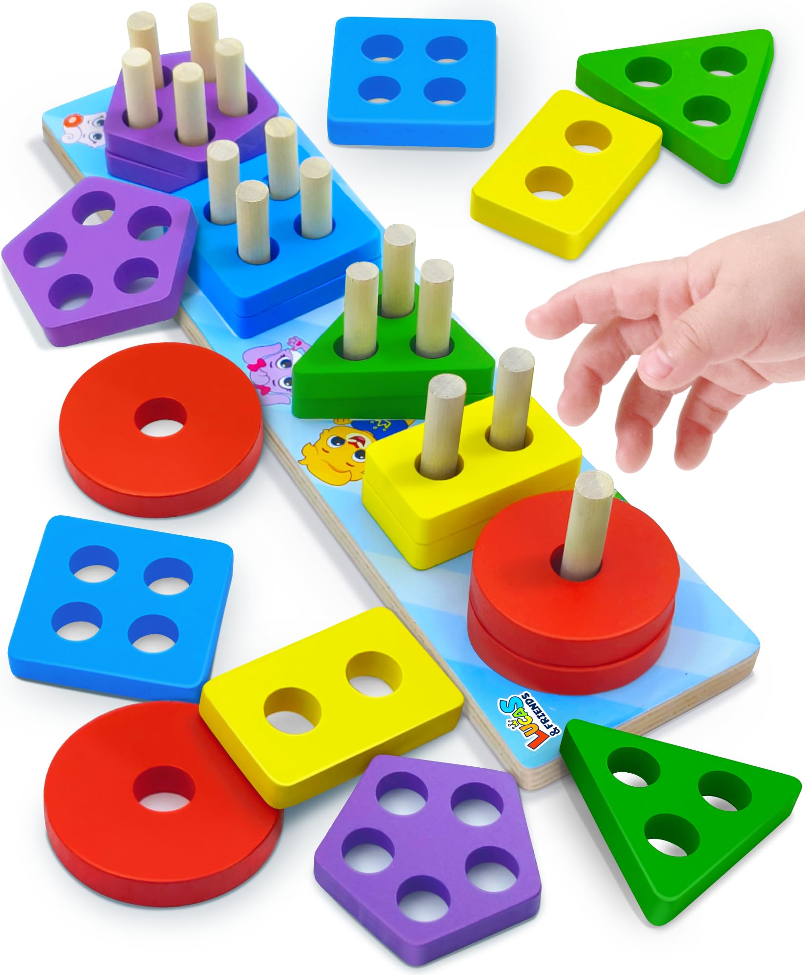 Lucas & Friends Wooden Stacking and Sorting Toys for Toddlers 3-5 and Preschool Kids, Montessori Toys for Learning Colors & Shapes, Wooden Puzzles for