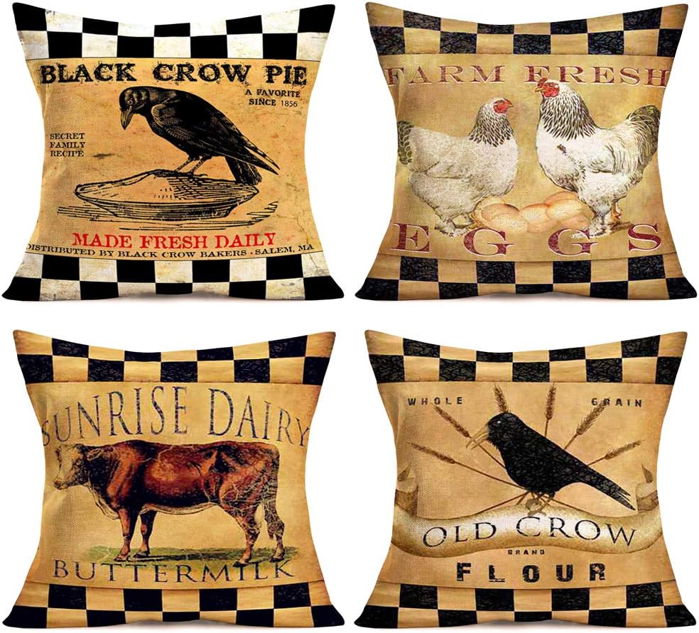 Aremetop Rustic Farmhouse Animal Pillow Covers Black Buffalo Plaid Country Poultry Rooster Cow Crow Farm Fresh Dairy Feed Decorative Cotton Linen Throw Pillow Case Cushion Cover 18’’x18’’ Set of 4