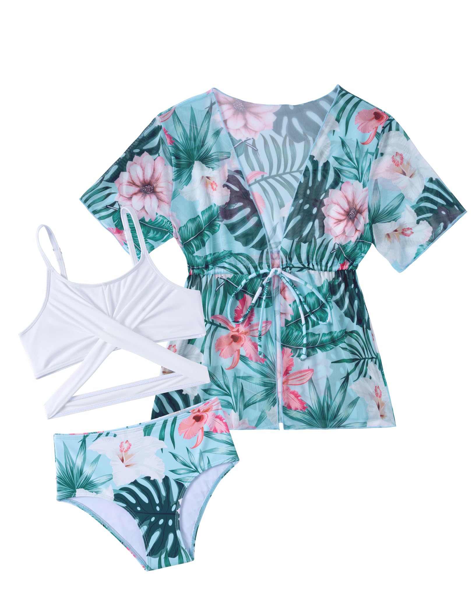 Arshiner Mädchen Bikini mit Pareo Set Dreiteiliges Sommer Badeanzug Strand Bikinis Sets für Kinder 7-15 Jahre