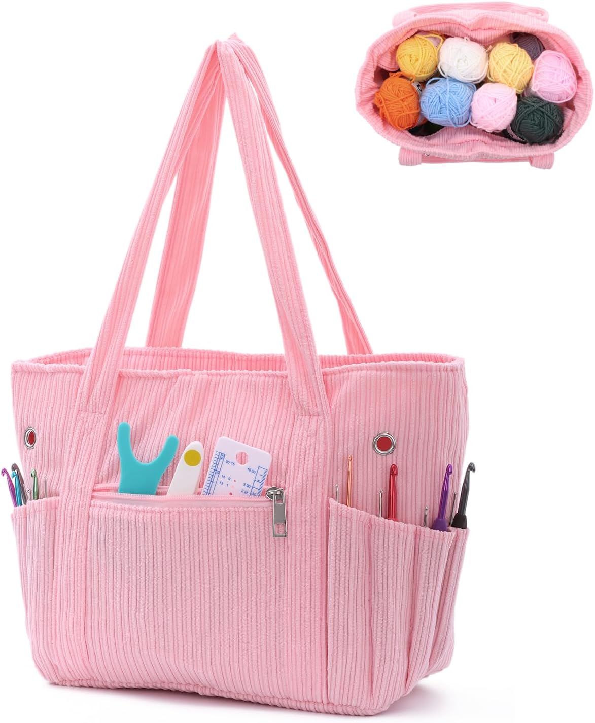 Freie Liebe Corduroy Crochet Bag and Tote, Large Yarn Bag with Grommets, Yarn Storage Organizer Knitting Accessories for Crochet Hooks