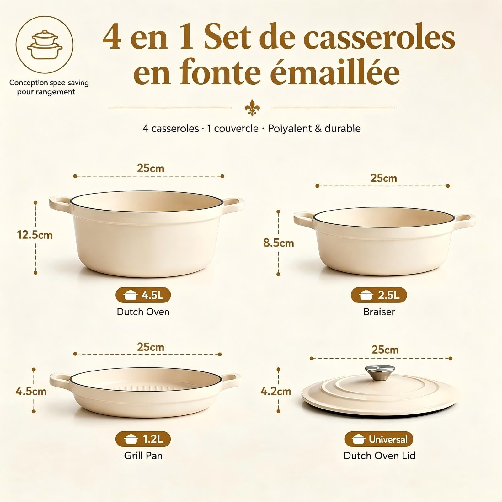 AHJ 4 Casseroles en Fonte Émaillée, Ensemble de cocottes avec poêle à Pain de 4,5 L, rôtissoire de 2,5 L, poêle à Griller de 1,2 L et Couvercle, antiadhésif, va au Four jusqu'à 260°C, Blanc