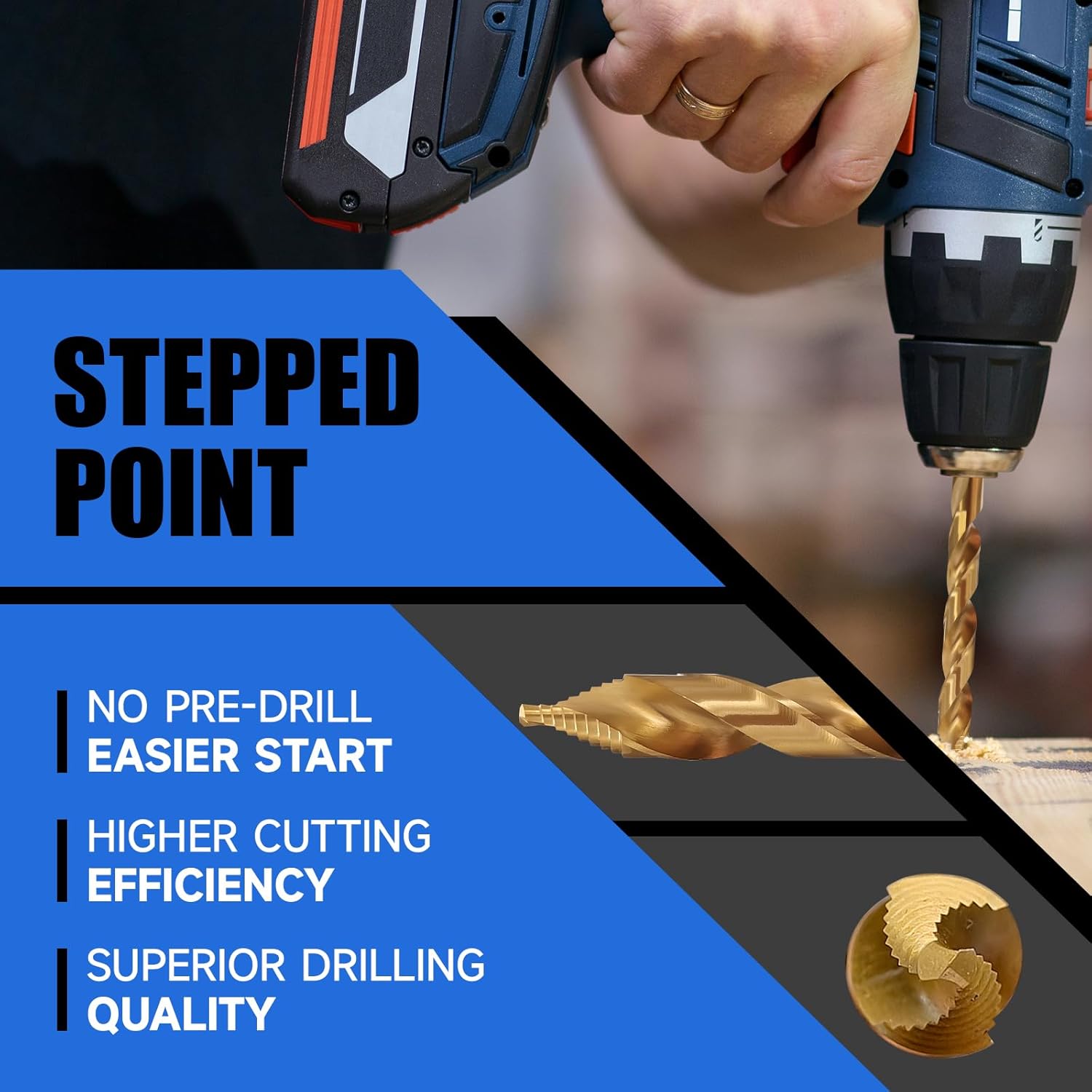 Pro Edge 29 Piece HSS Stepped Point Drill Bit Set, 1/16"-1/2" Titainnium Coating 3-Flat Shank No Pre-Drilling Twist Drill Bit Set for Acrylic Metal, Steel, Wood, Plastic, with Round Case