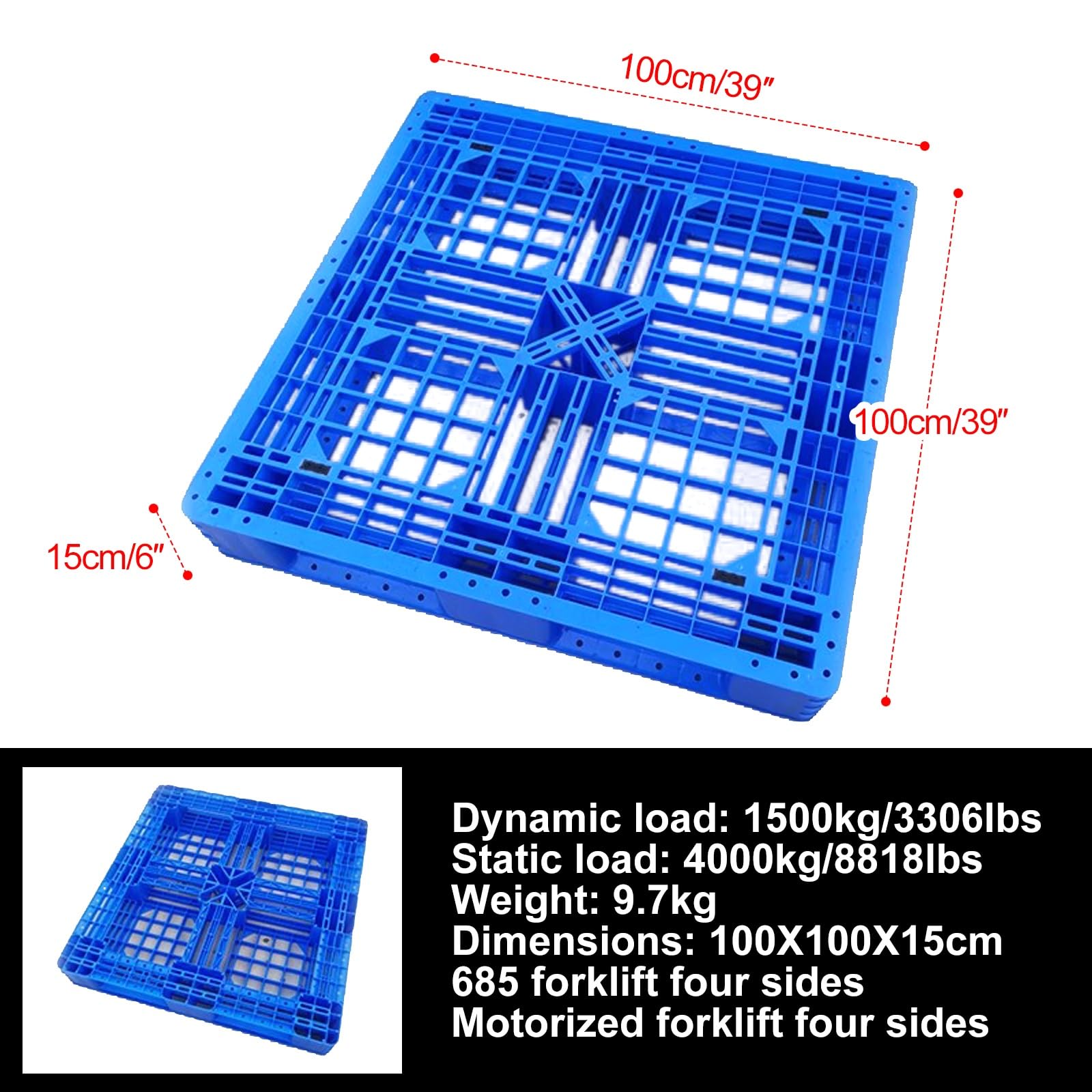 Palette en plastique polyéthylène à 4 voies (99,1 x 99,1 cm) – Solution de stockage et de logistique pour un transport facile des marchandises
