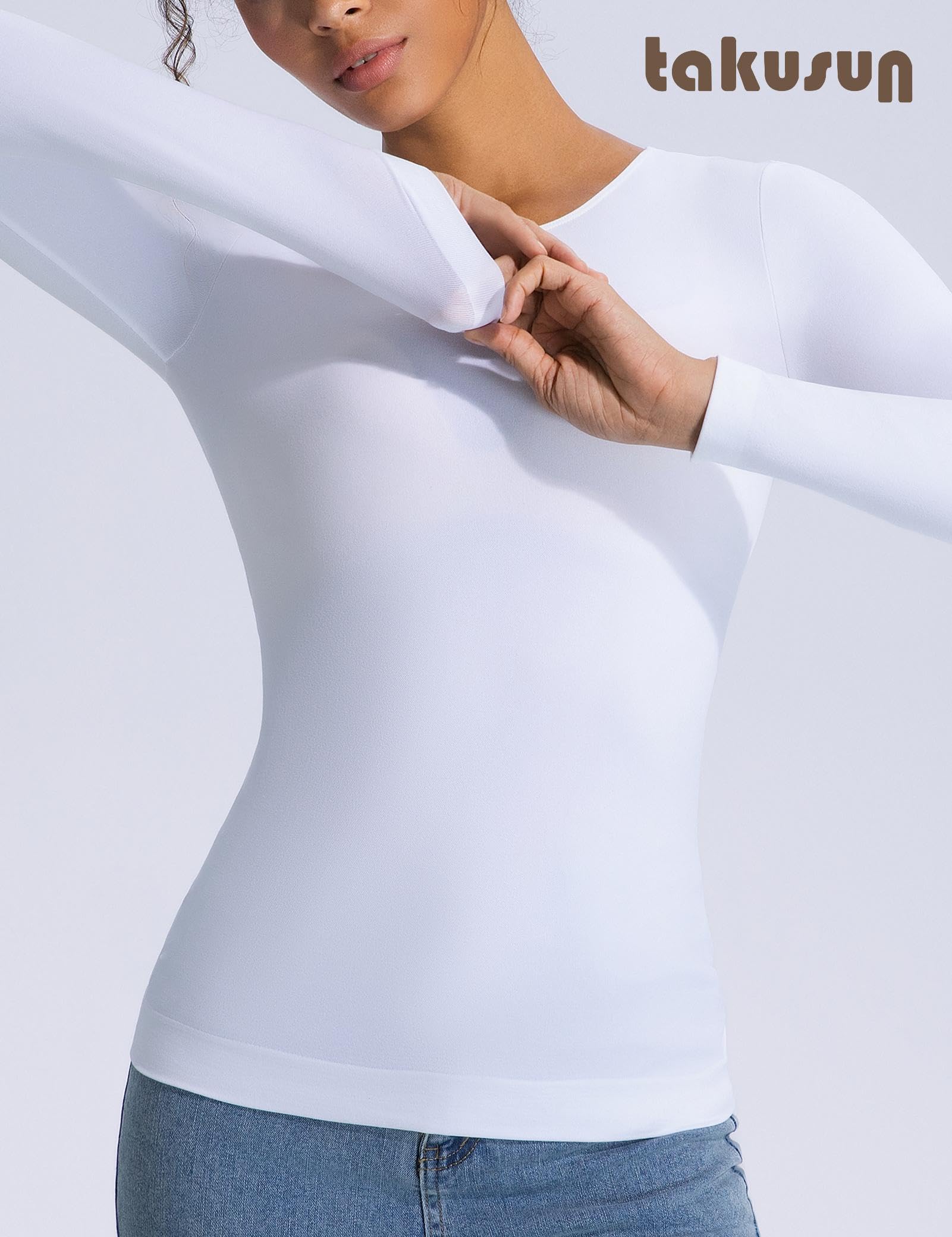 Maglietta intima da donna a maniche lunghe, a compressione, dimagrante, girocollo, base modellante e termica, aderente