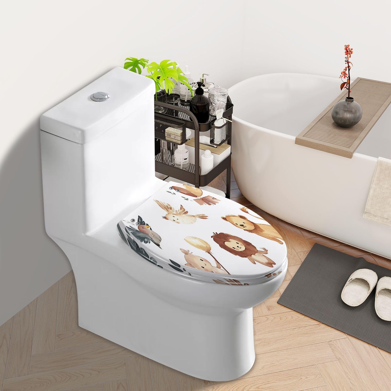 Sedile per WC per bambini con chiusura ammortizzata, motivo acquerello, uccello, leone, orso, resina, cerniere a sgancio rapido, facile installazione.