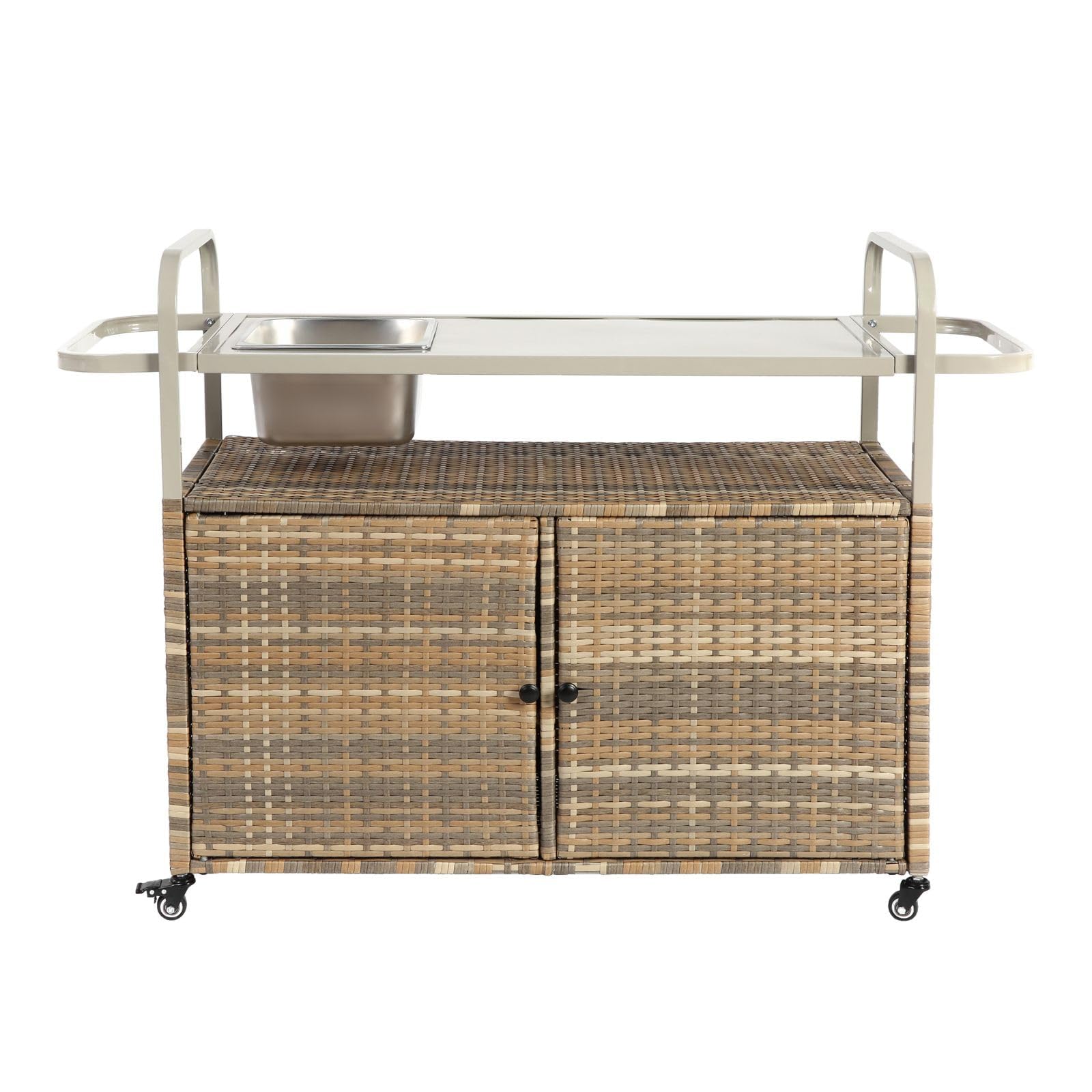 Mesa de Bar para Exteriores, Carrito de Bar de Mimbre con Armario, Carrito de Servicio para Patio con Superficie de Acero, con una cubitera, Ruedas con Bloqueo, Color Beige