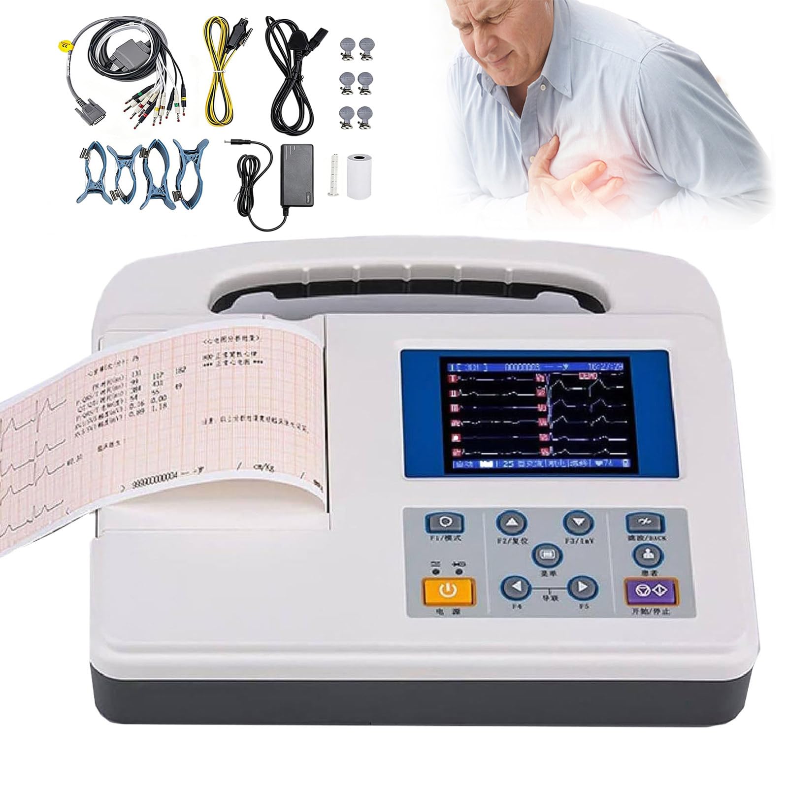 Elettrocardiografo Portatile con Carta Stampata, Monitor ECG Digitale a 12 Derivazioni E 3 Canali con Display LCD a Colori, Monitor Cardiaco Mobile, per Terapia Intensiva E Uso Domestico.